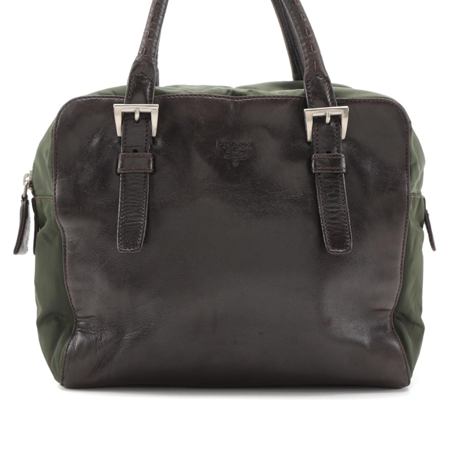 Prada Top Handle Bag in Brown Leather and Green Nylon