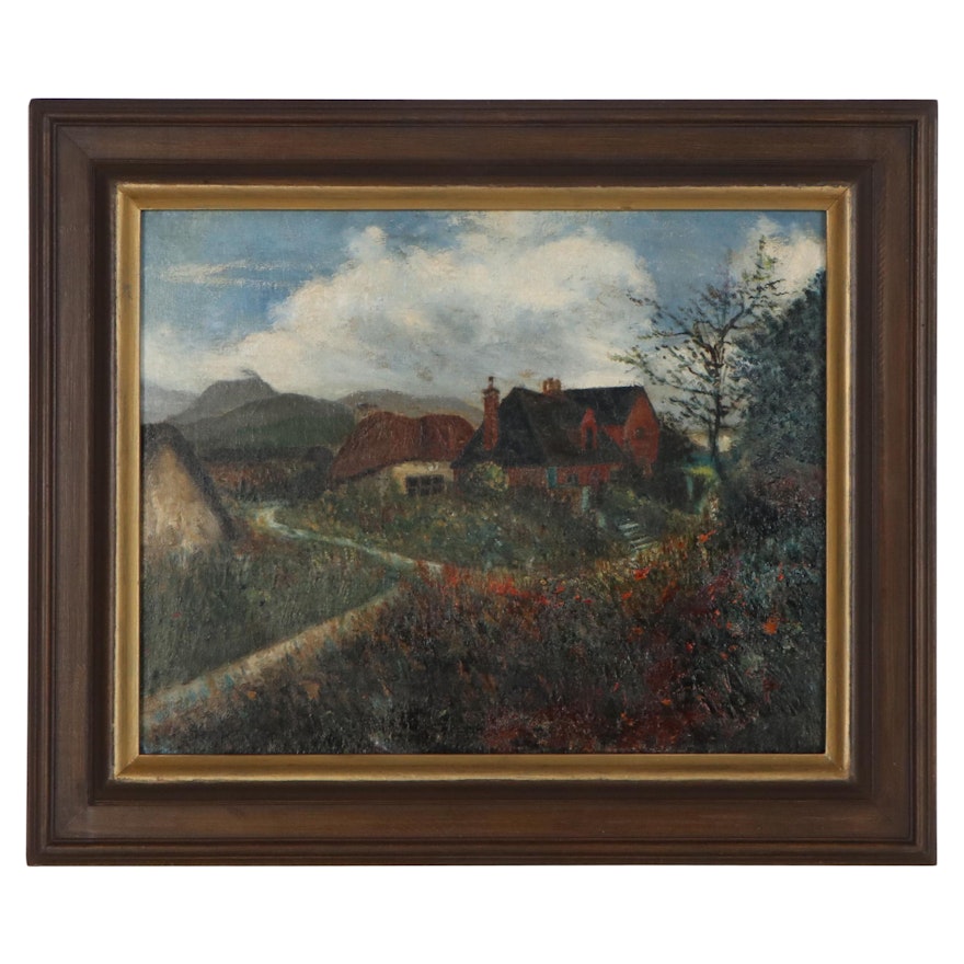 Landscape Oil Painting with Cottages, Early to Mid-20th Century