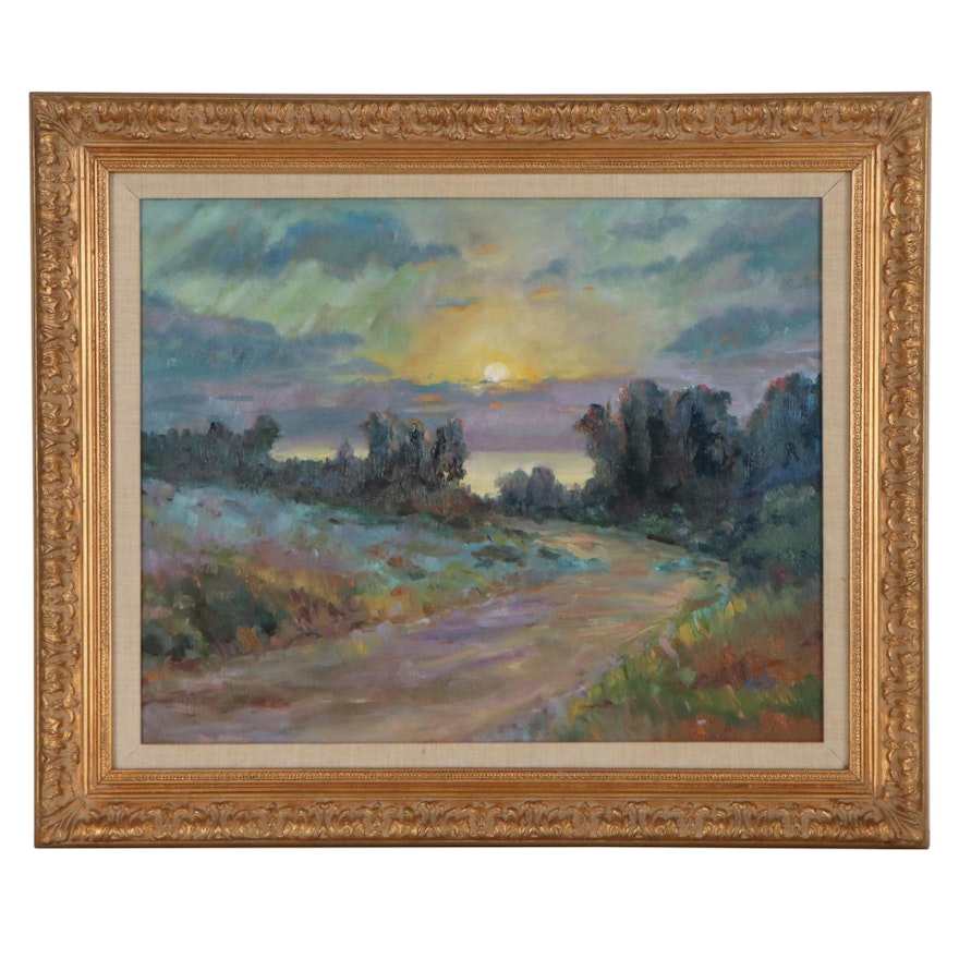 Impressionist Style Sunset Landscape Oil Painting, Late 20th Century