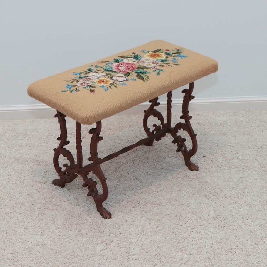 Cast Iron Bench with Floral Needlework Seat, Early 20th Century