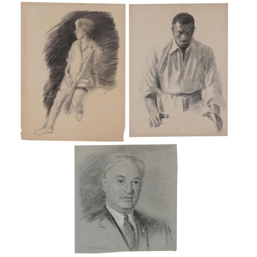 Edmond James Fitzgerald Figural Charcoal Drawings, Mid-20th Century