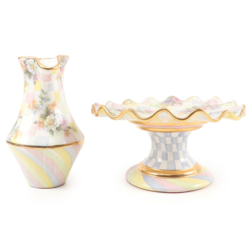 MacKenzie-Childs Pastel Floral Ceramic Cake Stand with Pitcher