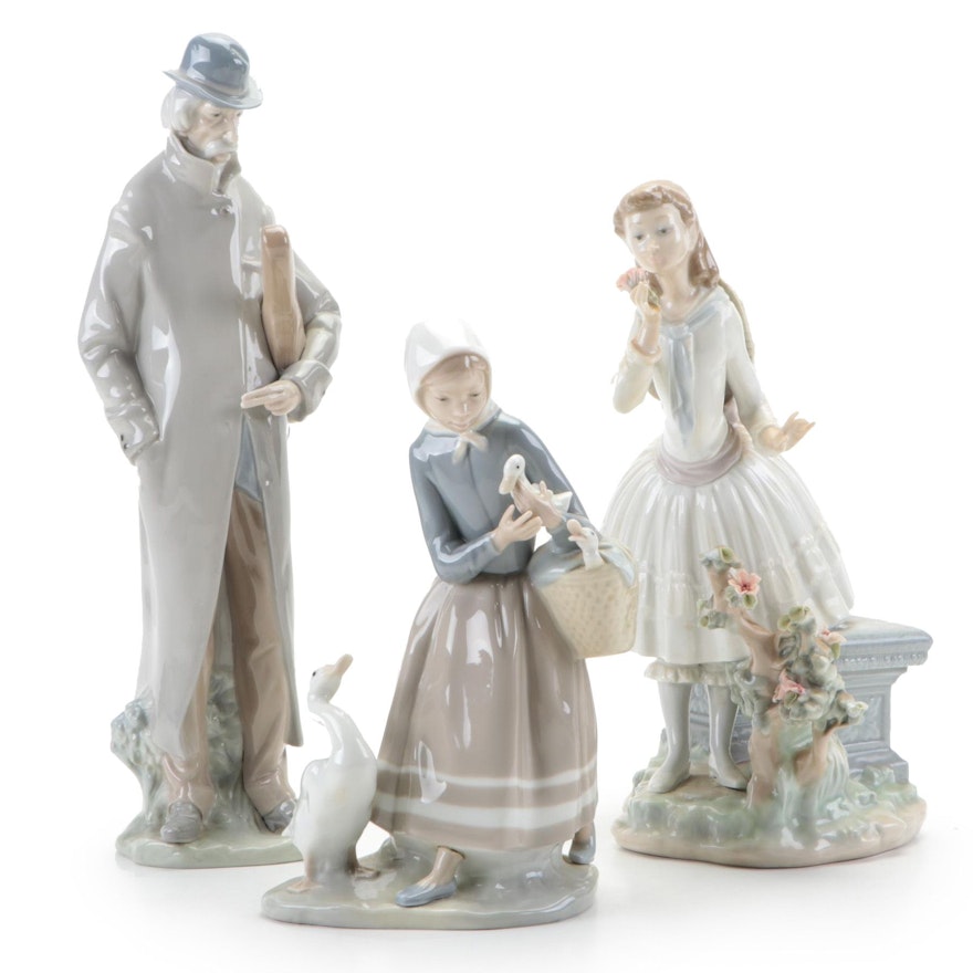 Lladró "Old Man," "Shepherdess with Ducks" and "Exquisite Scent" Figurines