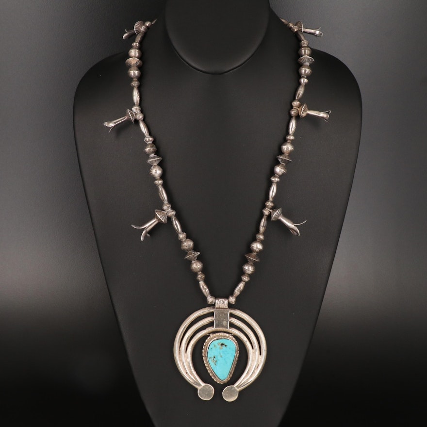 Southwestern Sterling Turquoise Squash Blossom Necklace with Naja