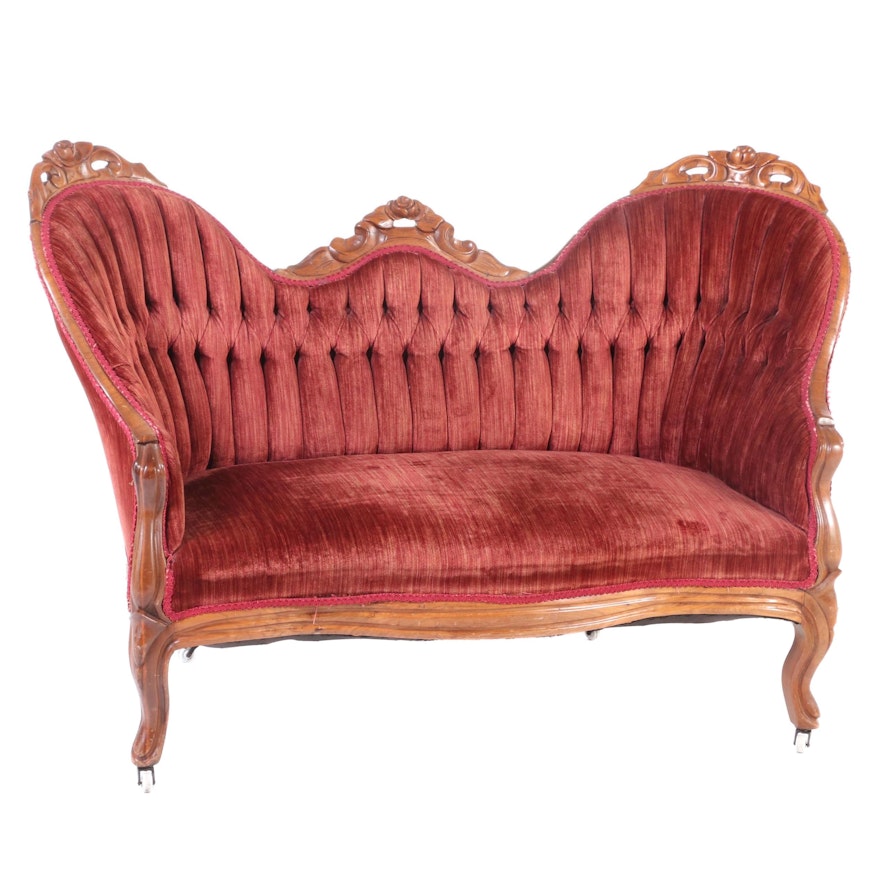 Victorian Style Walnut Button Tufted Settee, Early to Mid-20th Century