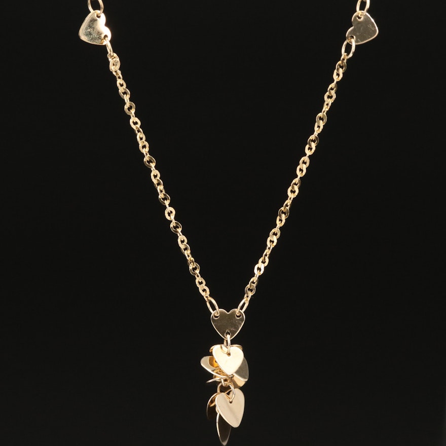 14K Heart Station and Cluster Drop Necklace