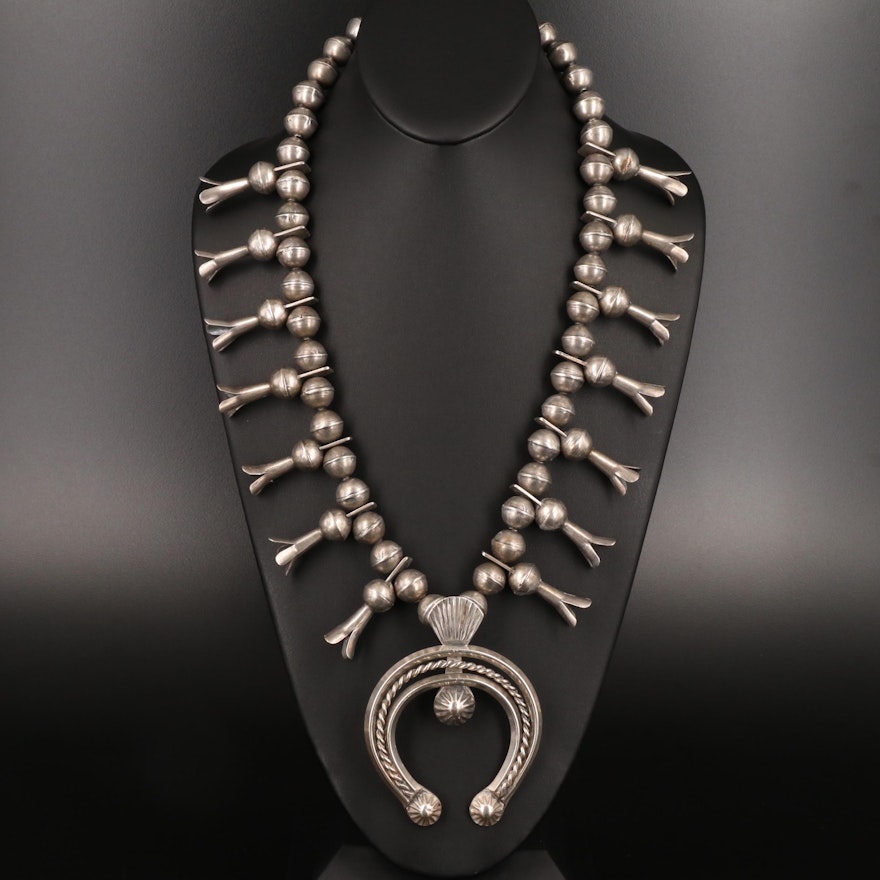 Southwestern Sterling Squash Blossom Necklace with Naja
