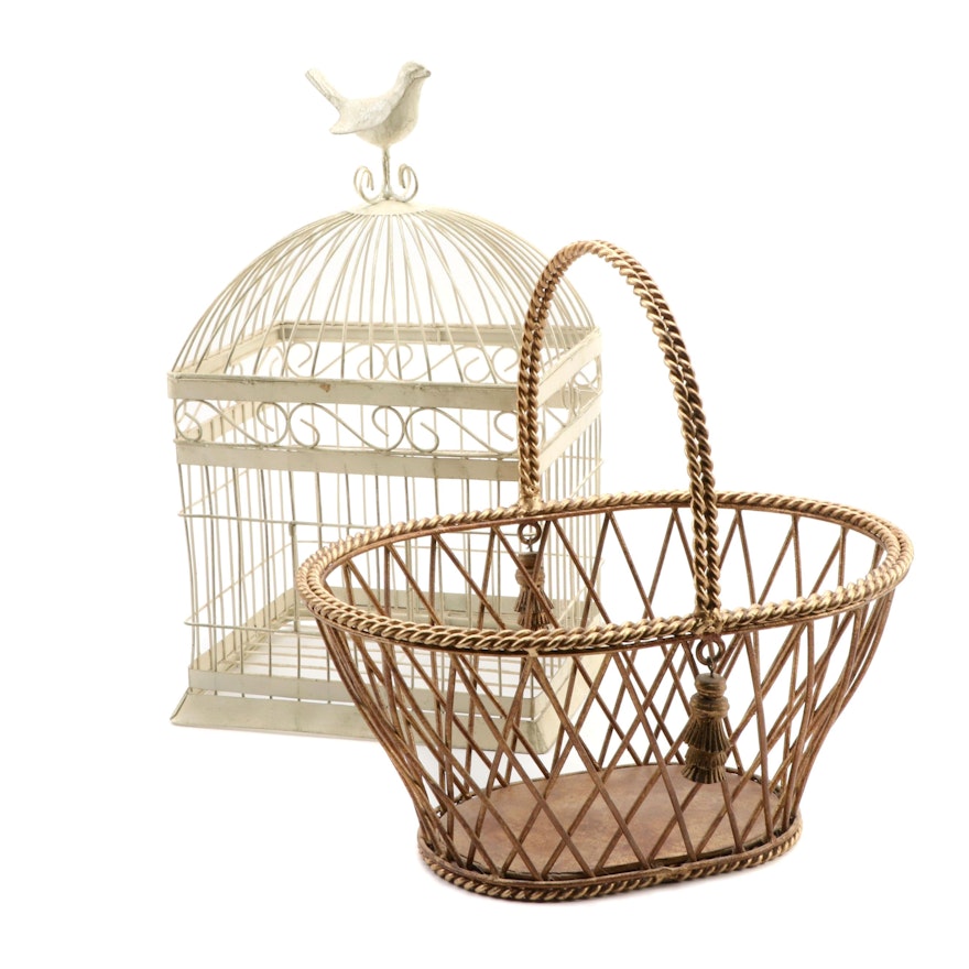 Gilded Metal Basket and Painted Bird Cage