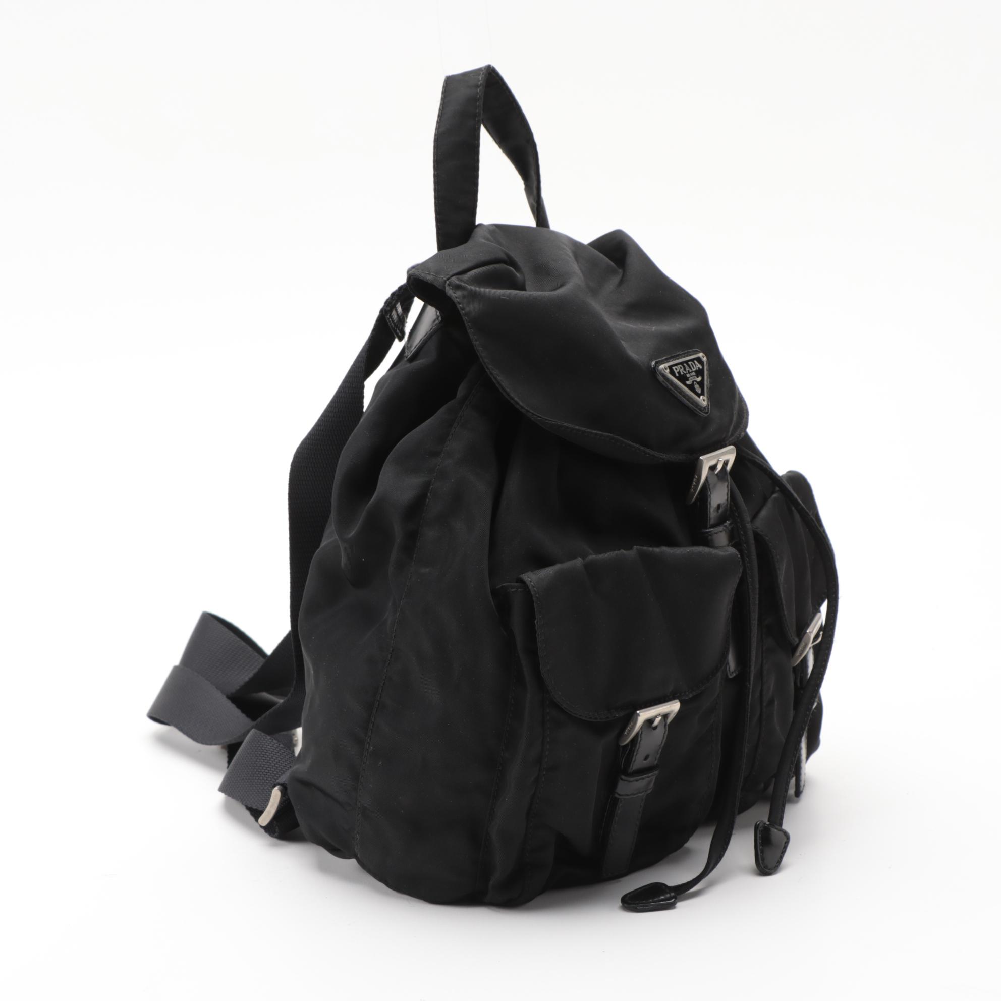 Prada Black Tessuto Nylon Drawstring Backpack with Leather Trim