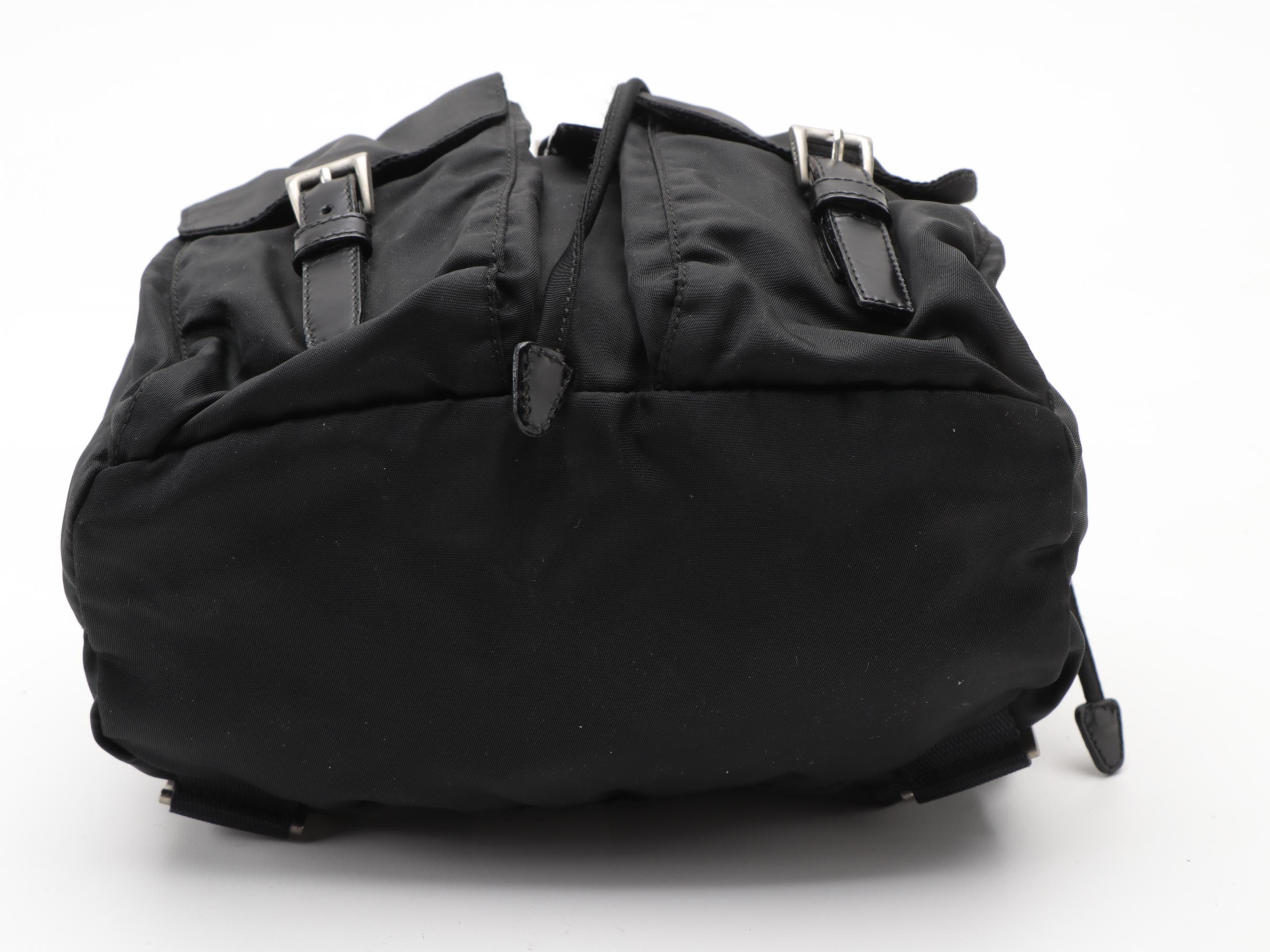 Prada Black Tessuto Nylon Drawstring Backpack with Leather Trim