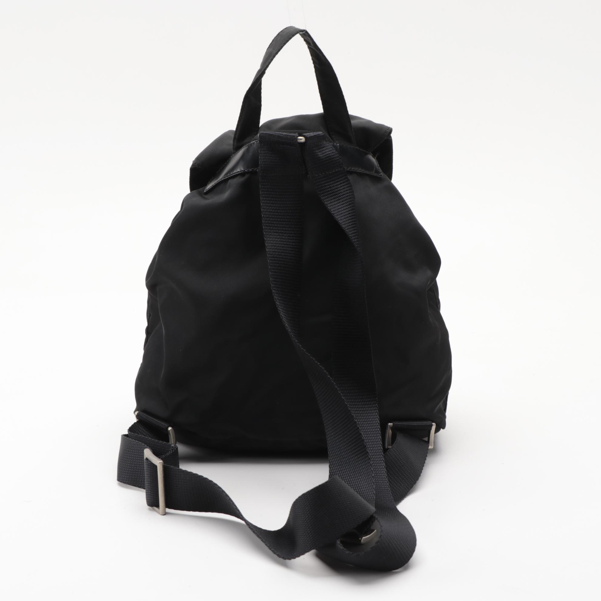 Prada Black Tessuto Nylon Drawstring Backpack with Leather Trim