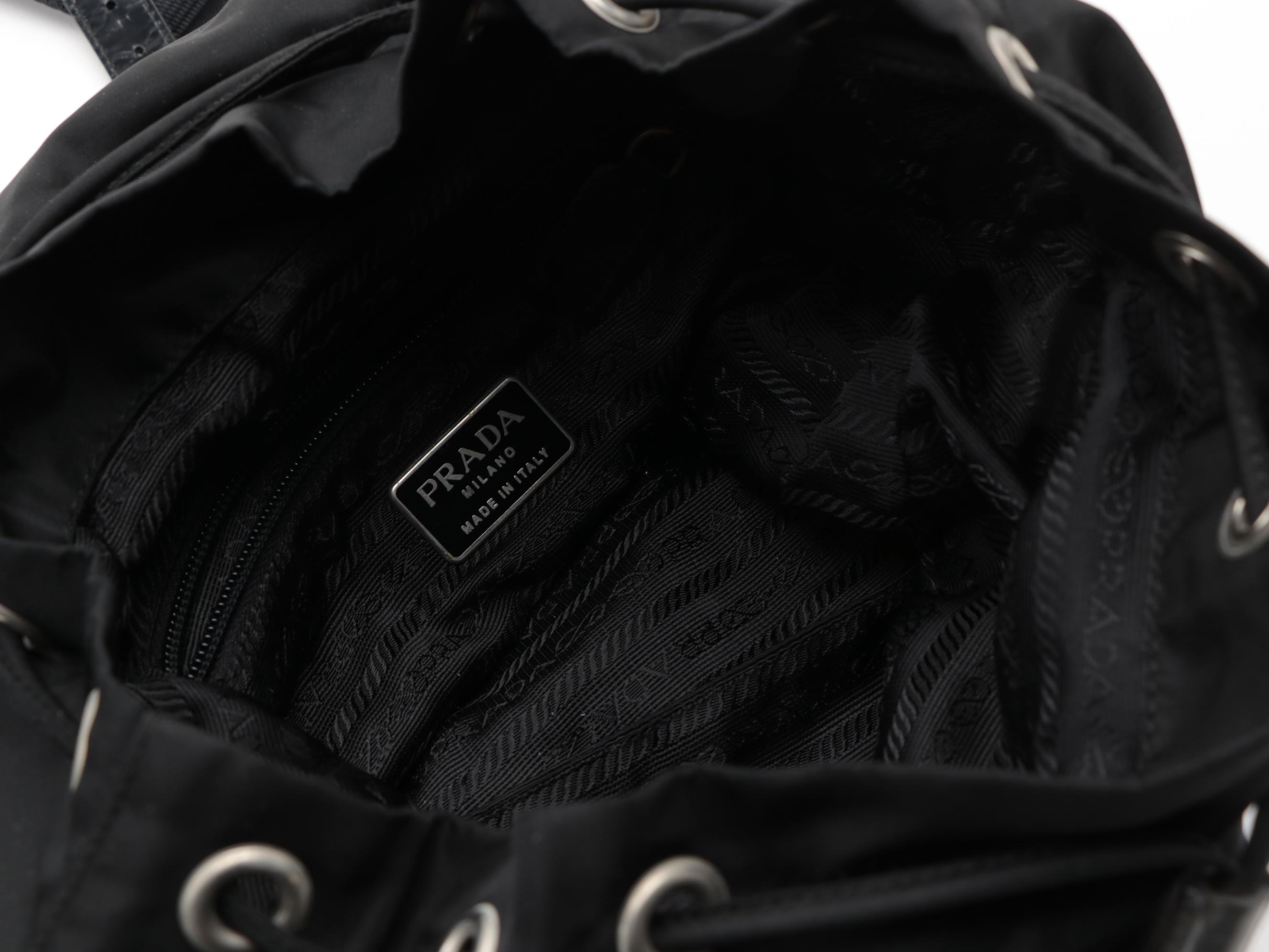 Prada Black Tessuto Nylon Drawstring Backpack with Leather Trim