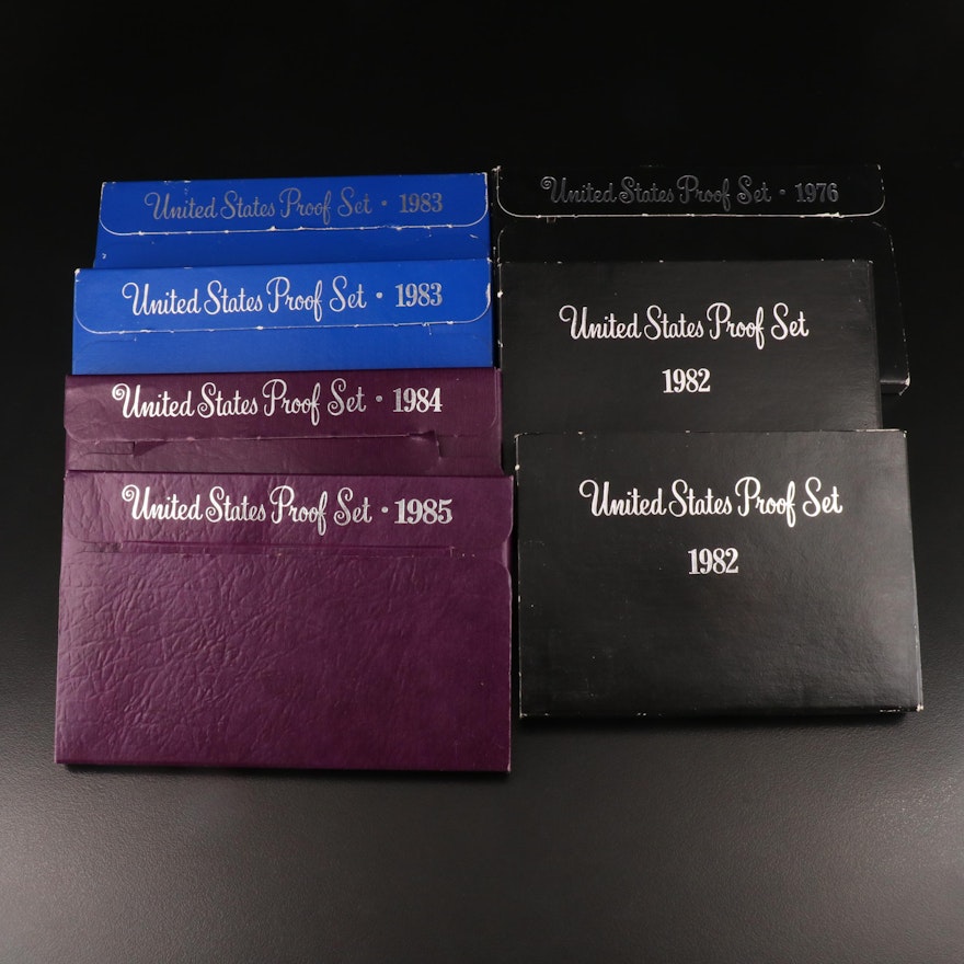 Seven U.S. Mint Proof Coin Sets, Late 20th Century