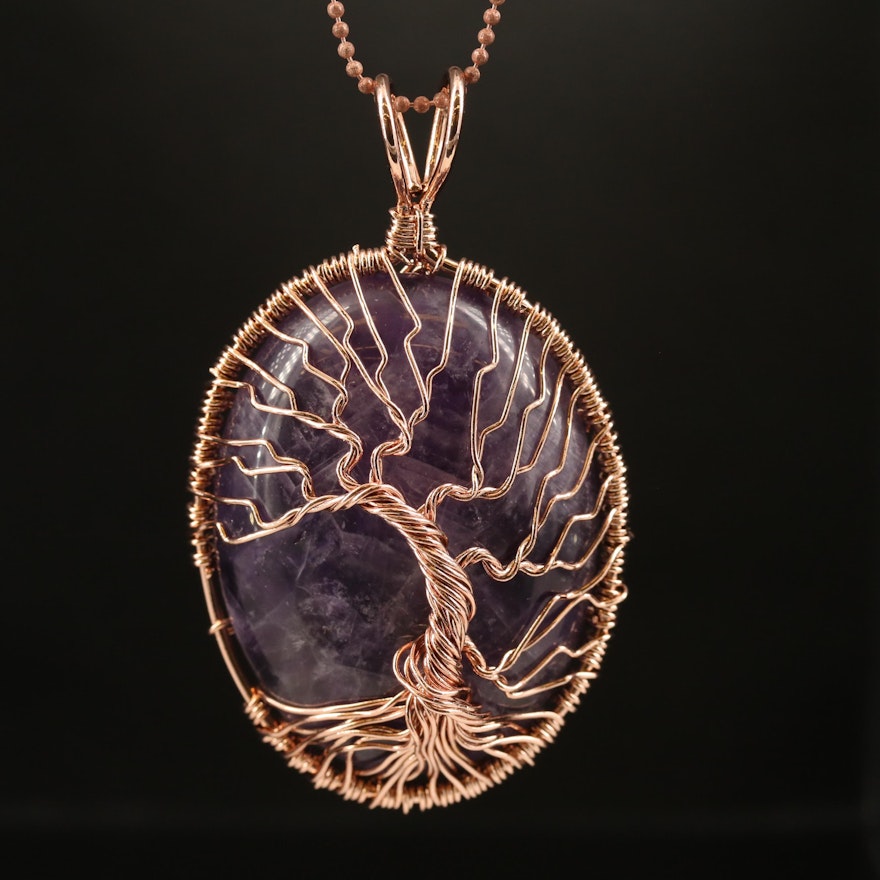 Twisted Wire Tree of Life Pendant Necklace with Amethyst