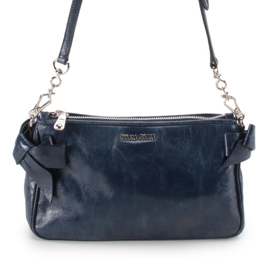 Miu Miu Navy Blue Leather Bow Accented Shoulder Bag