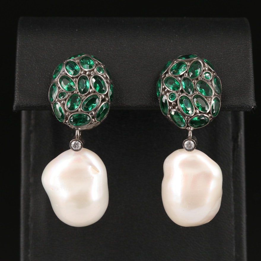 Italian Sterling Pearl, Glass and Cubic Zirconia Earrings