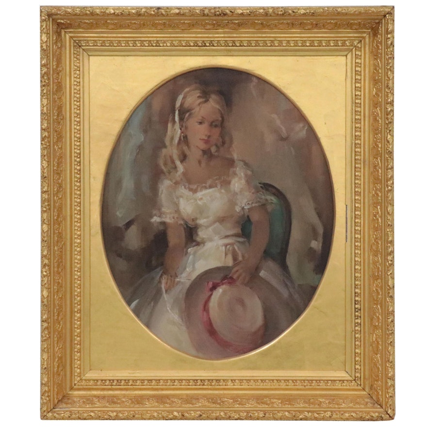 Oval Portrait Oil Painting of Young Woman, Late 20th Century