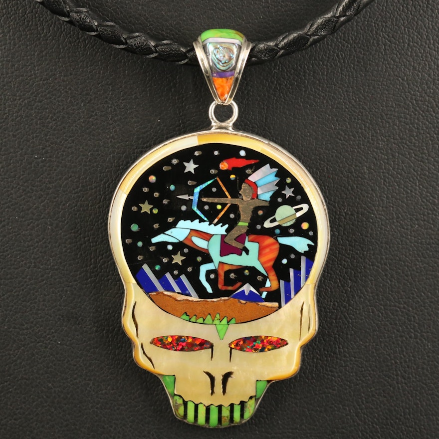 Sterling Inlay Skull Pendant Necklace with Turquoise, Opal and Abalone