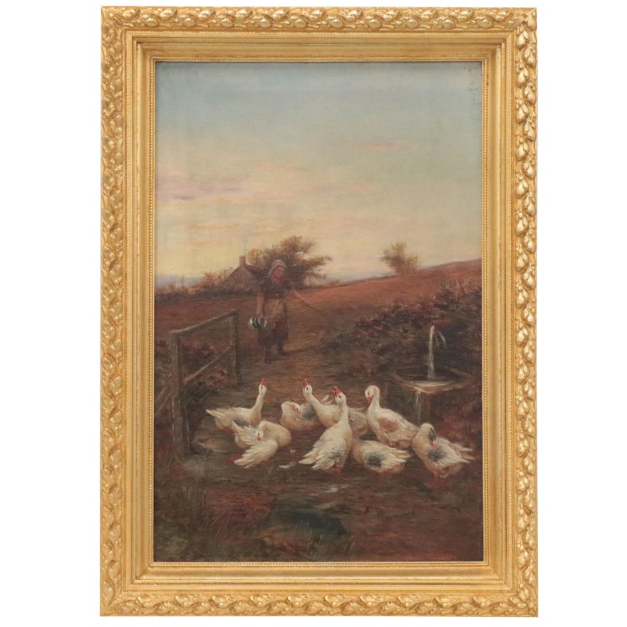 William Henderson Genre Scene Oil Painting of Woman Feeding Geese, Circa 1900