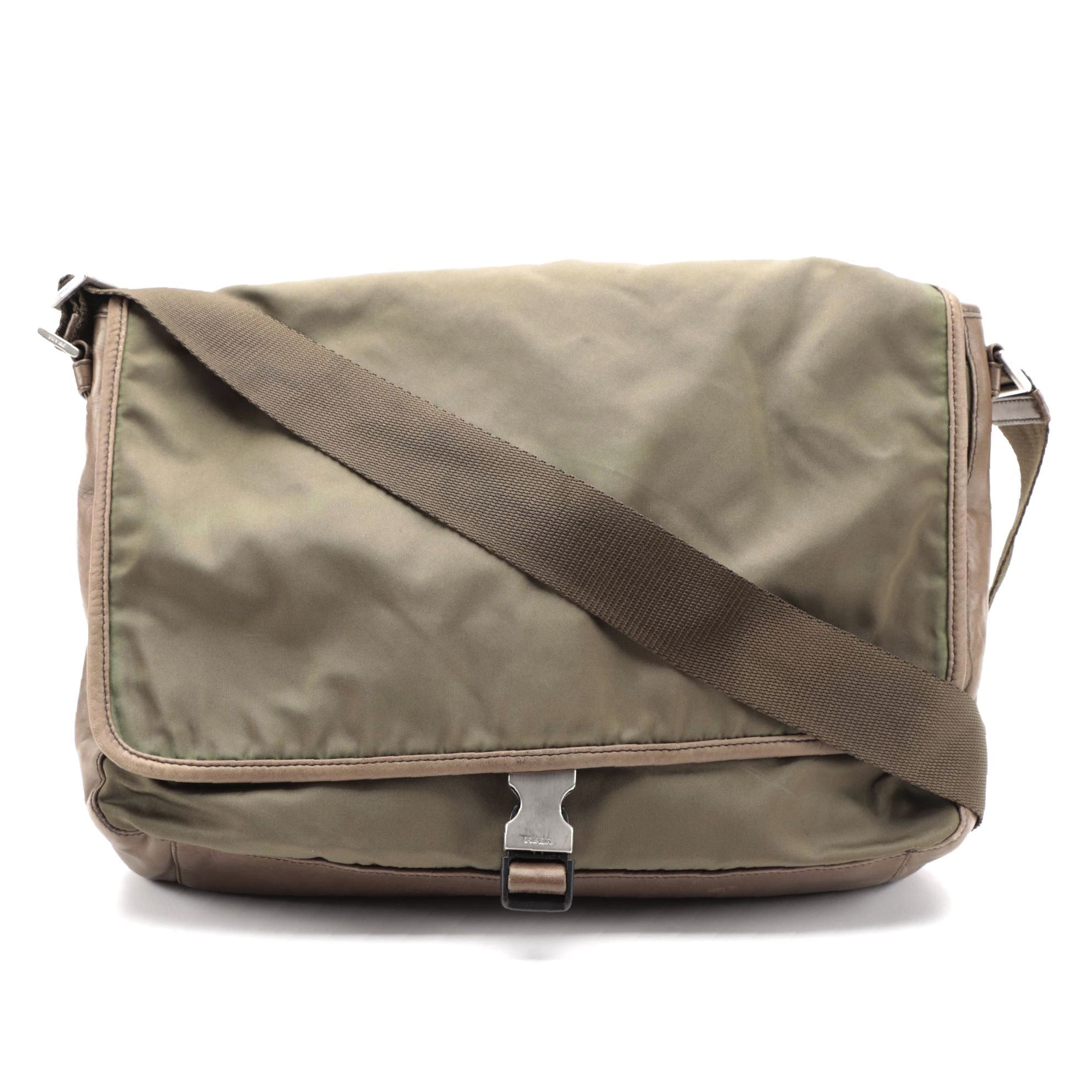 Prada Tessuto Messenger Bag in Olive Green Nylon and Brown Nappa Leather