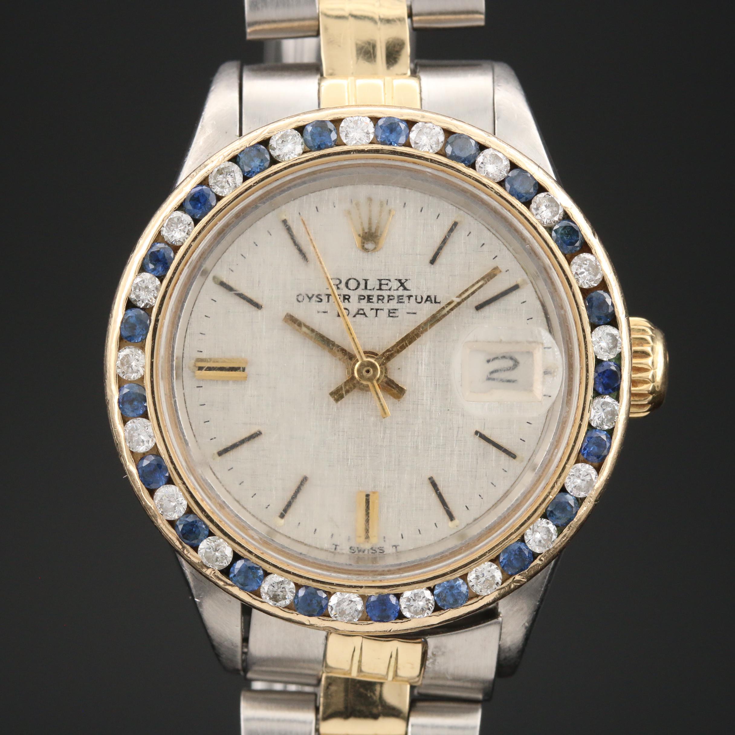 1971 Rolex 14K and Stainless Steel Watch with Diamond and Sapphire Bezel
