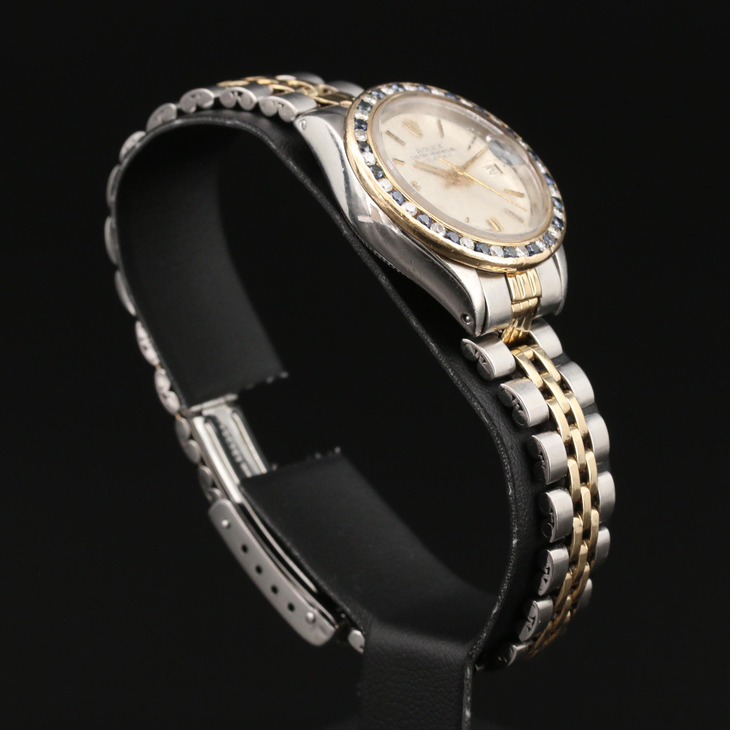 1971 Rolex 14K and Stainless Steel Watch with Diamond and Sapphire Bezel