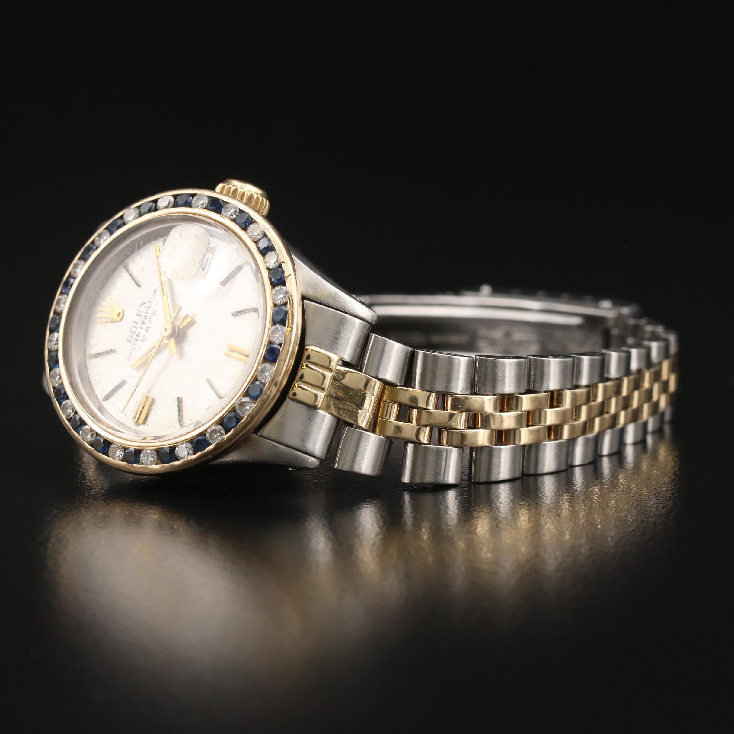 1971 Rolex 14K and Stainless Steel Watch with Diamond and Sapphire Bezel