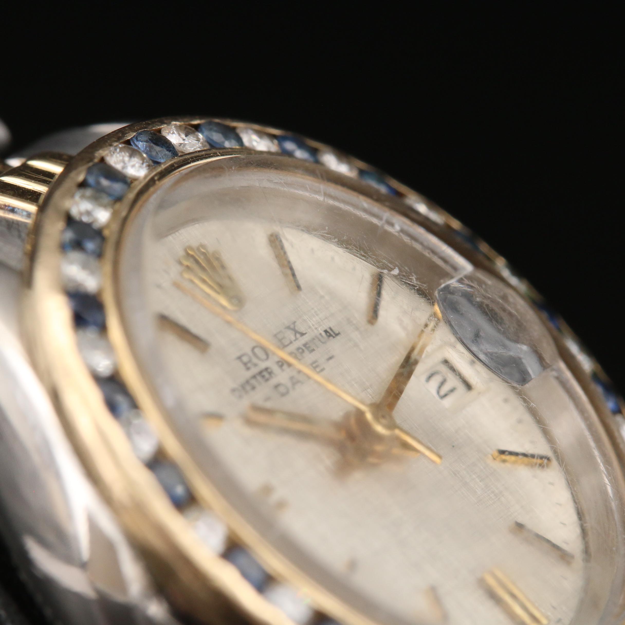 1971 Rolex 14K and Stainless Steel Watch with Diamond and Sapphire Bezel