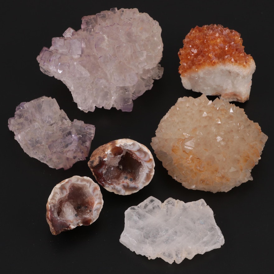 Raw Purple Edge Fluorite and Citrine Clusters with Quartz Geode Specimens