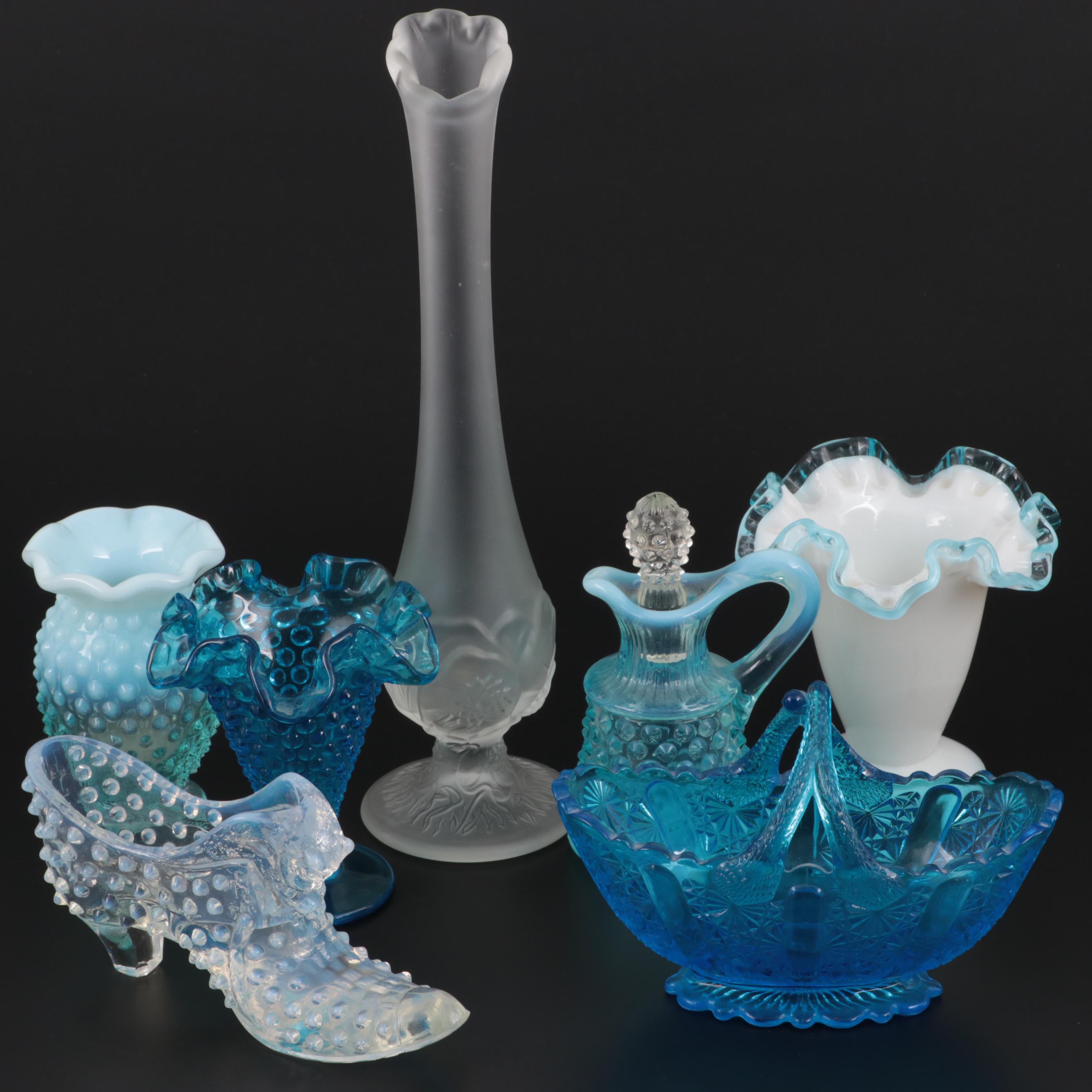 Fenton "Water Lily" Clear Satin Glass Bud Vase with Other Hobnail Glass