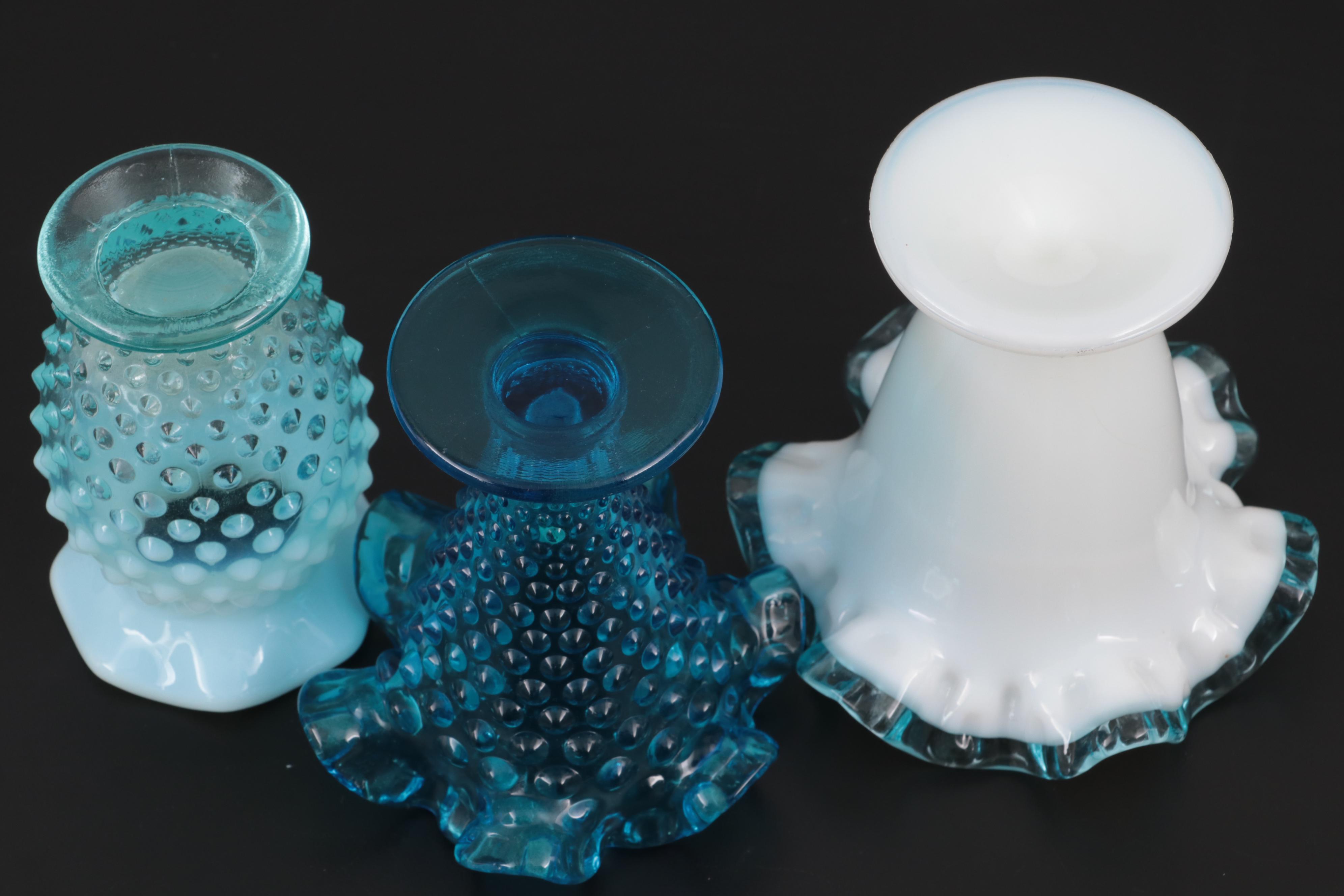 Fenton "Water Lily" Clear Satin Glass Bud Vase with Other Hobnail Glass