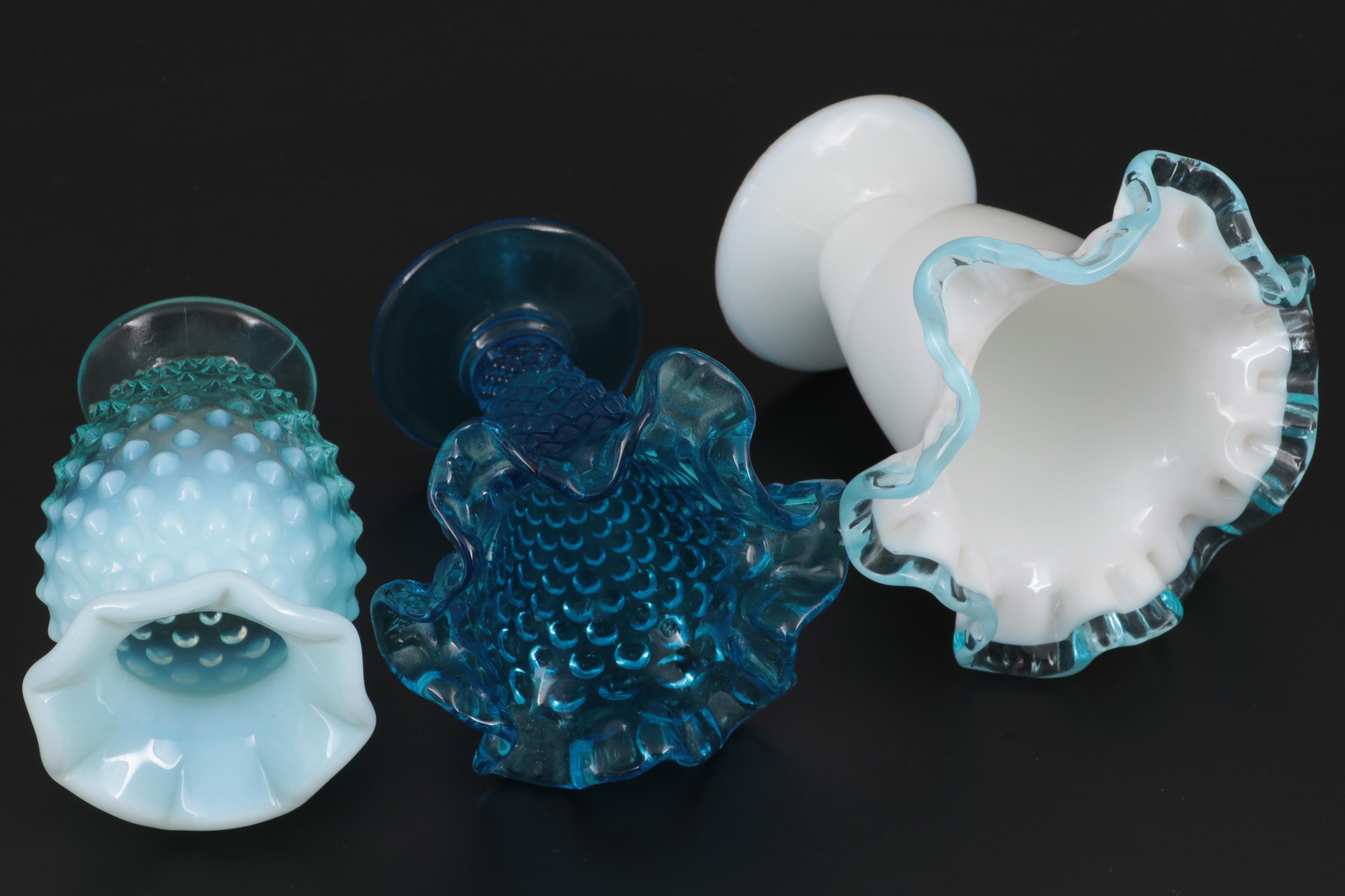 Fenton "Water Lily" Clear Satin Glass Bud Vase with Other Hobnail Glass