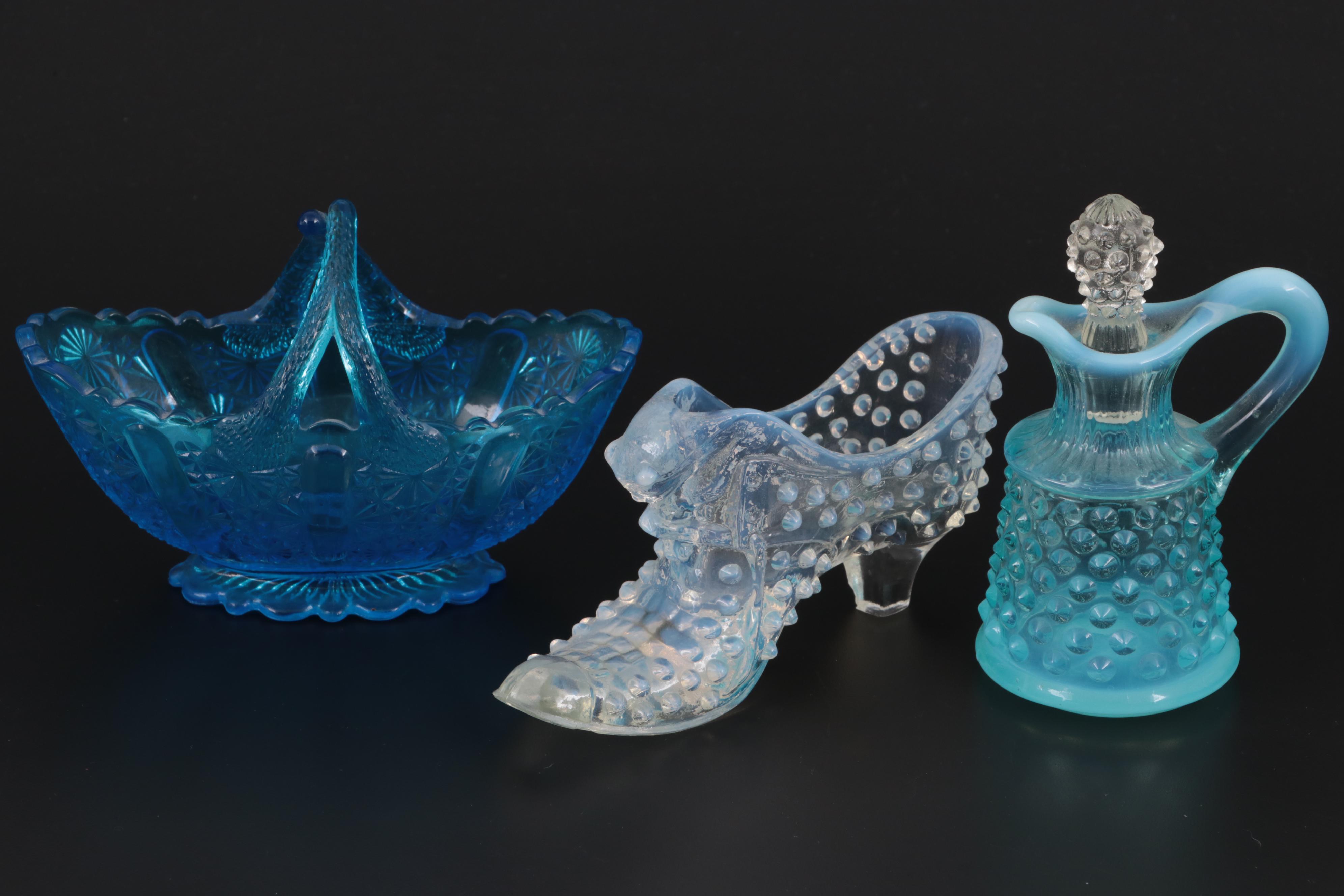 Fenton "Water Lily" Clear Satin Glass Bud Vase with Other Hobnail Glass