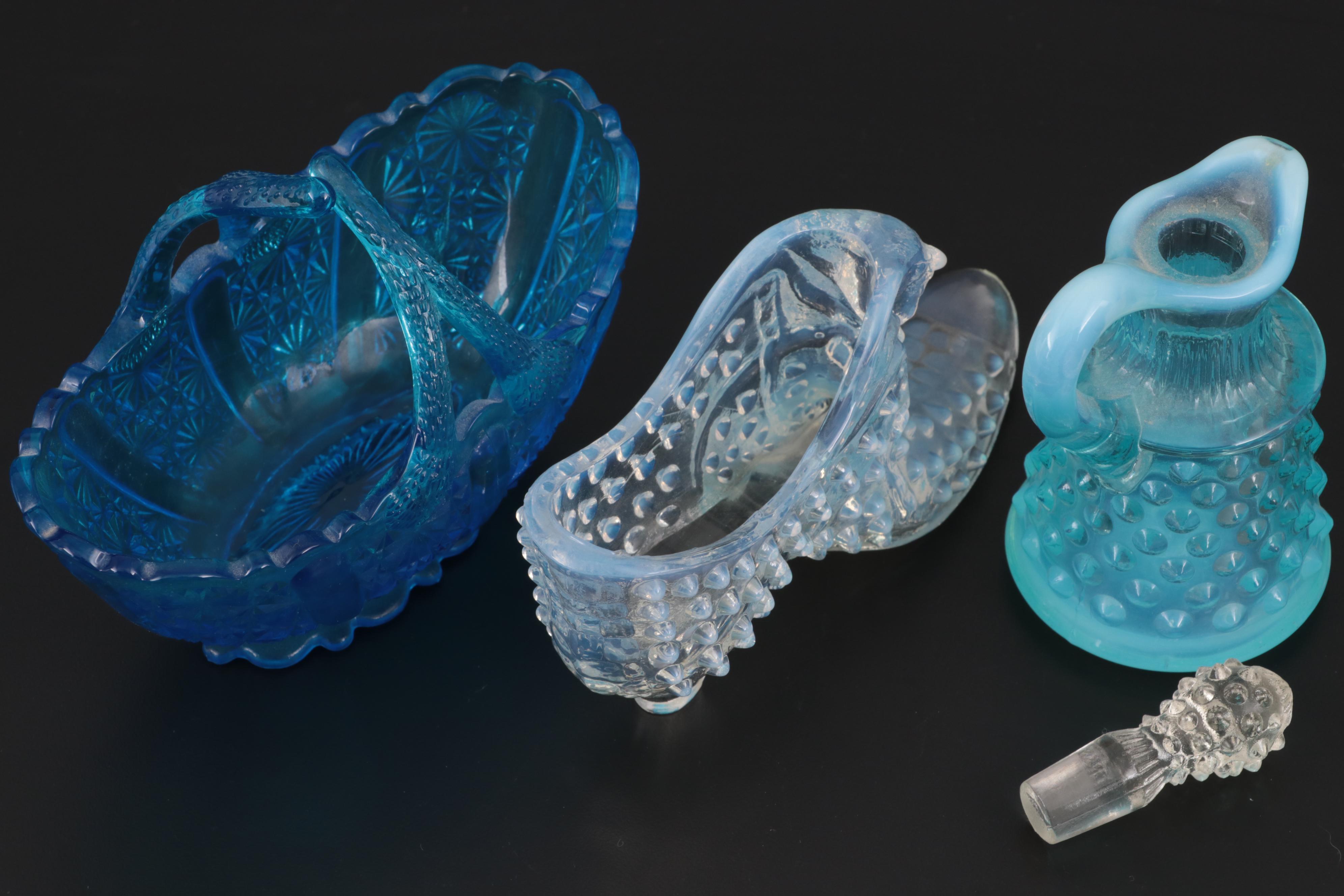 Fenton "Water Lily" Clear Satin Glass Bud Vase with Other Hobnail Glass