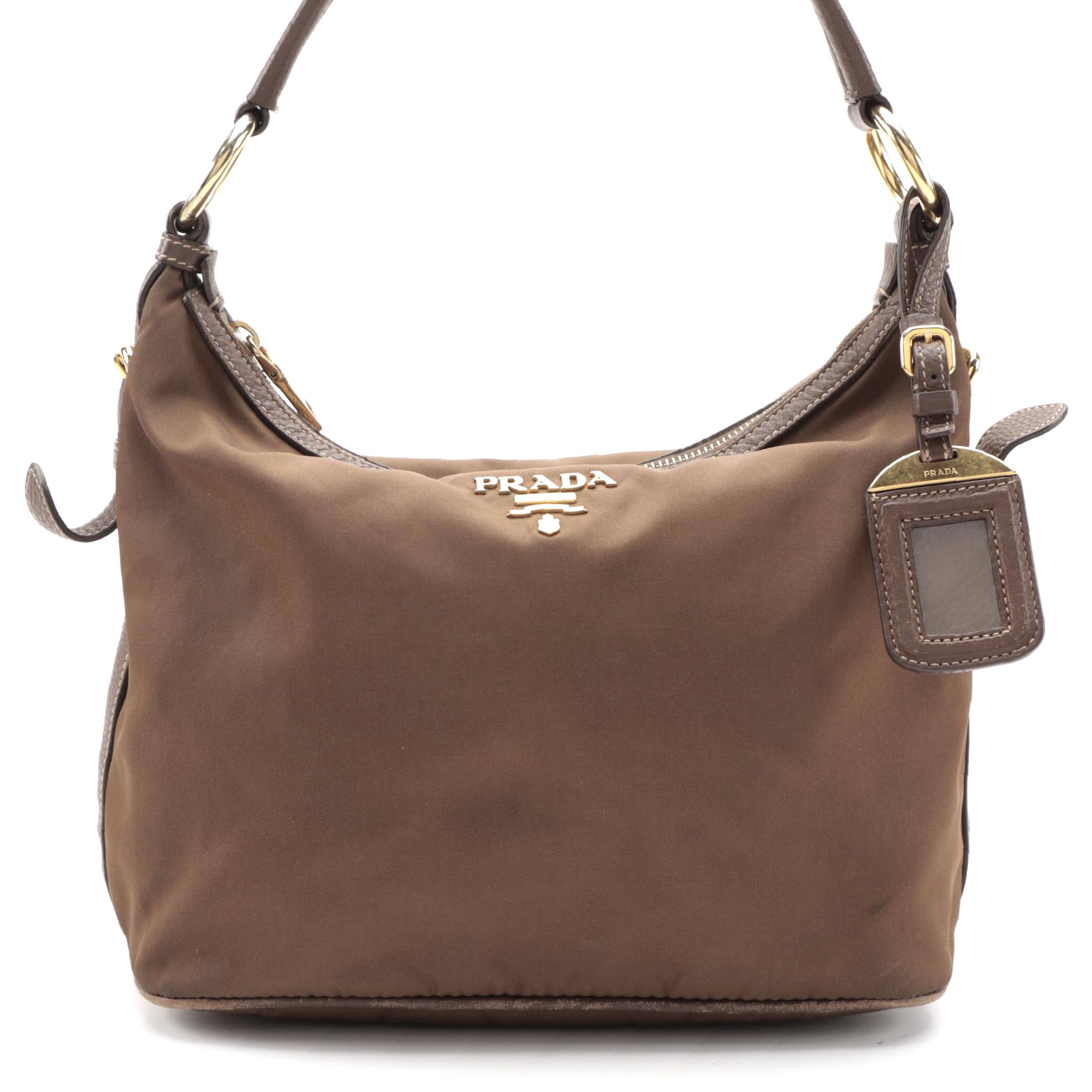 Prada Brown Nylon Shoulder Bag with Leather Trim