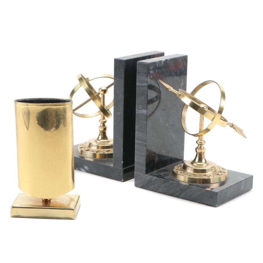 Armillary Sundial Brass and Marble Stone Bookends with Brass Pen Cup