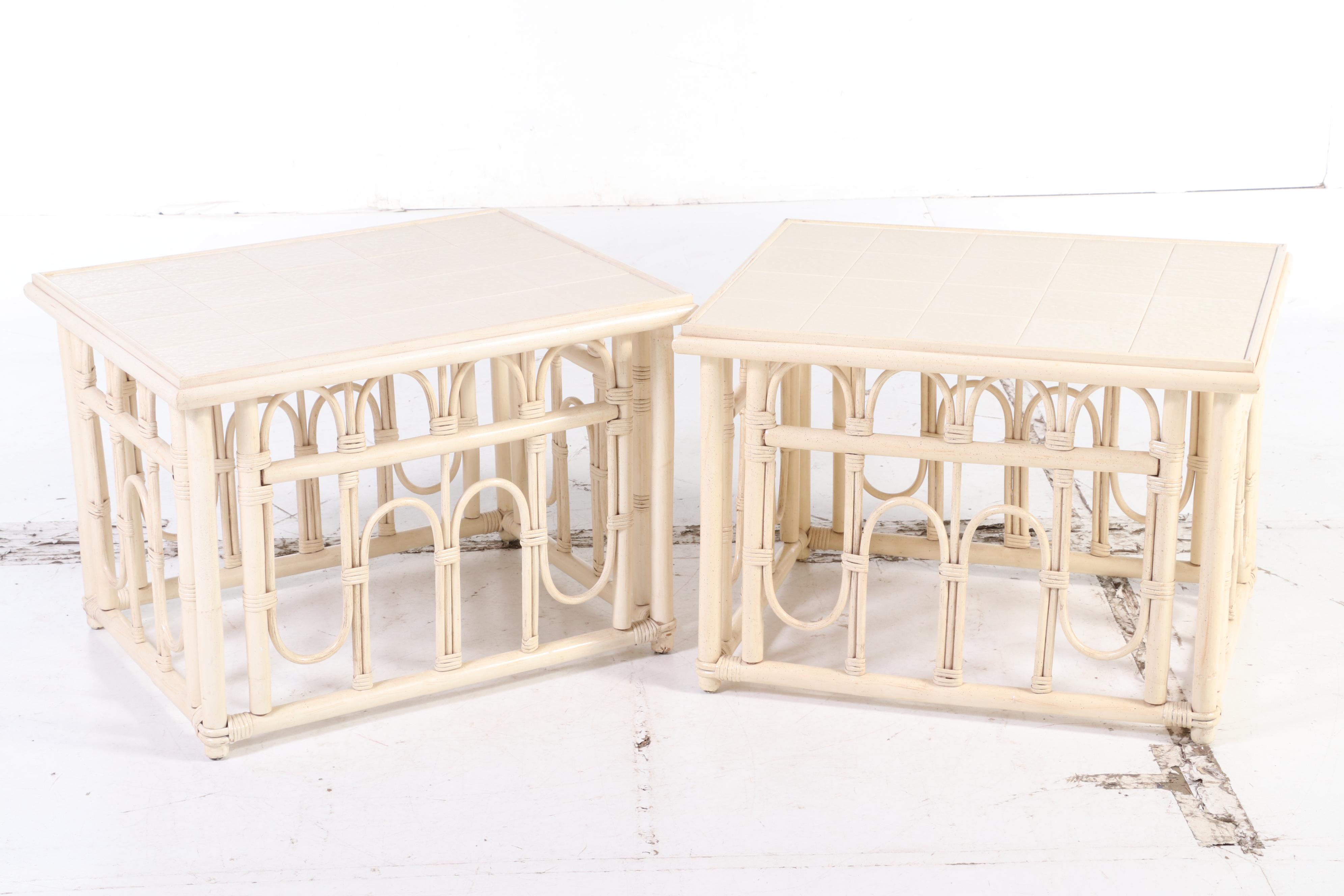 Ficks Reed Rattan Painted Faux Bamboo Patio Chair with Tile Top Tables