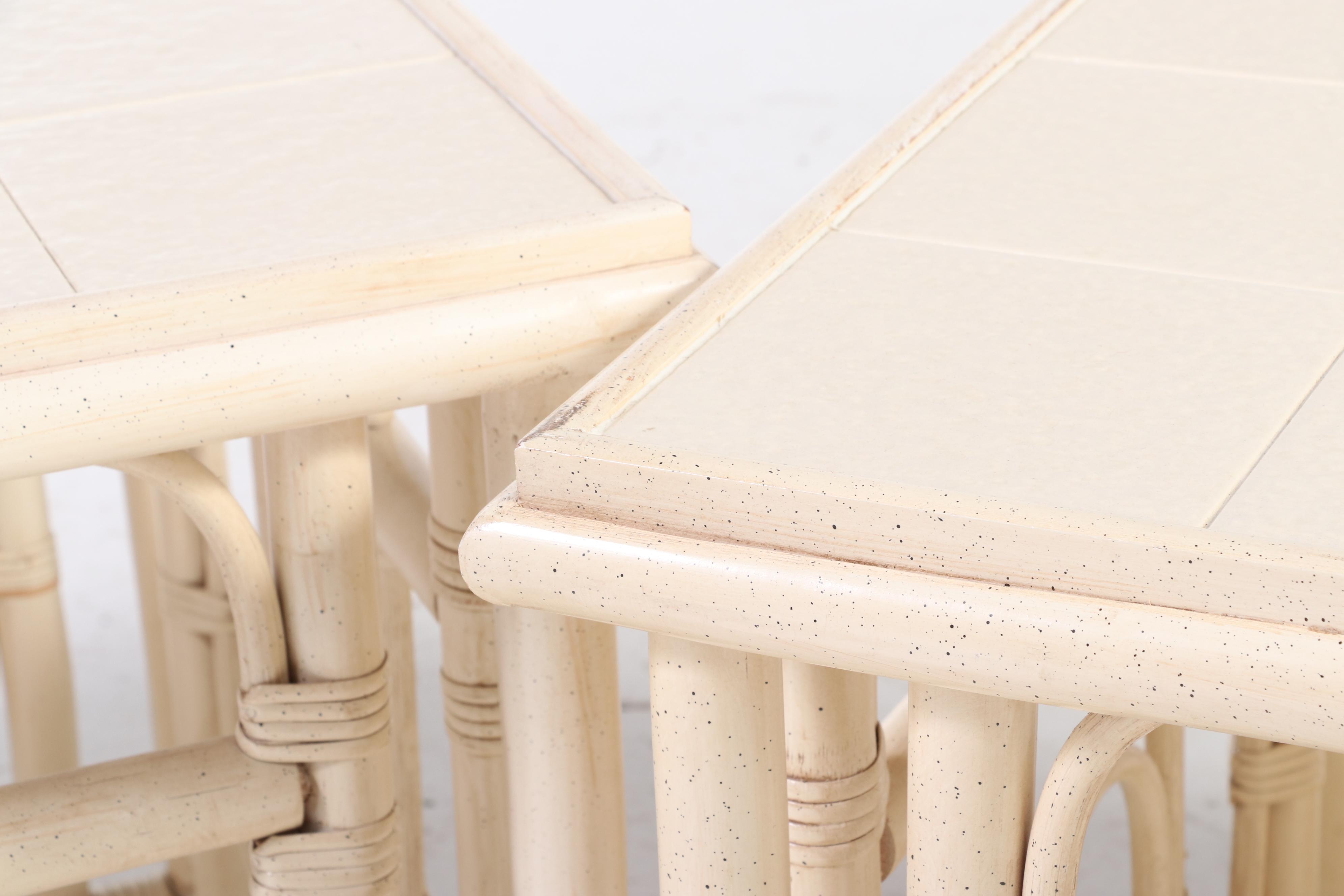 Ficks Reed Rattan Painted Faux Bamboo Patio Chair with Tile Top Tables