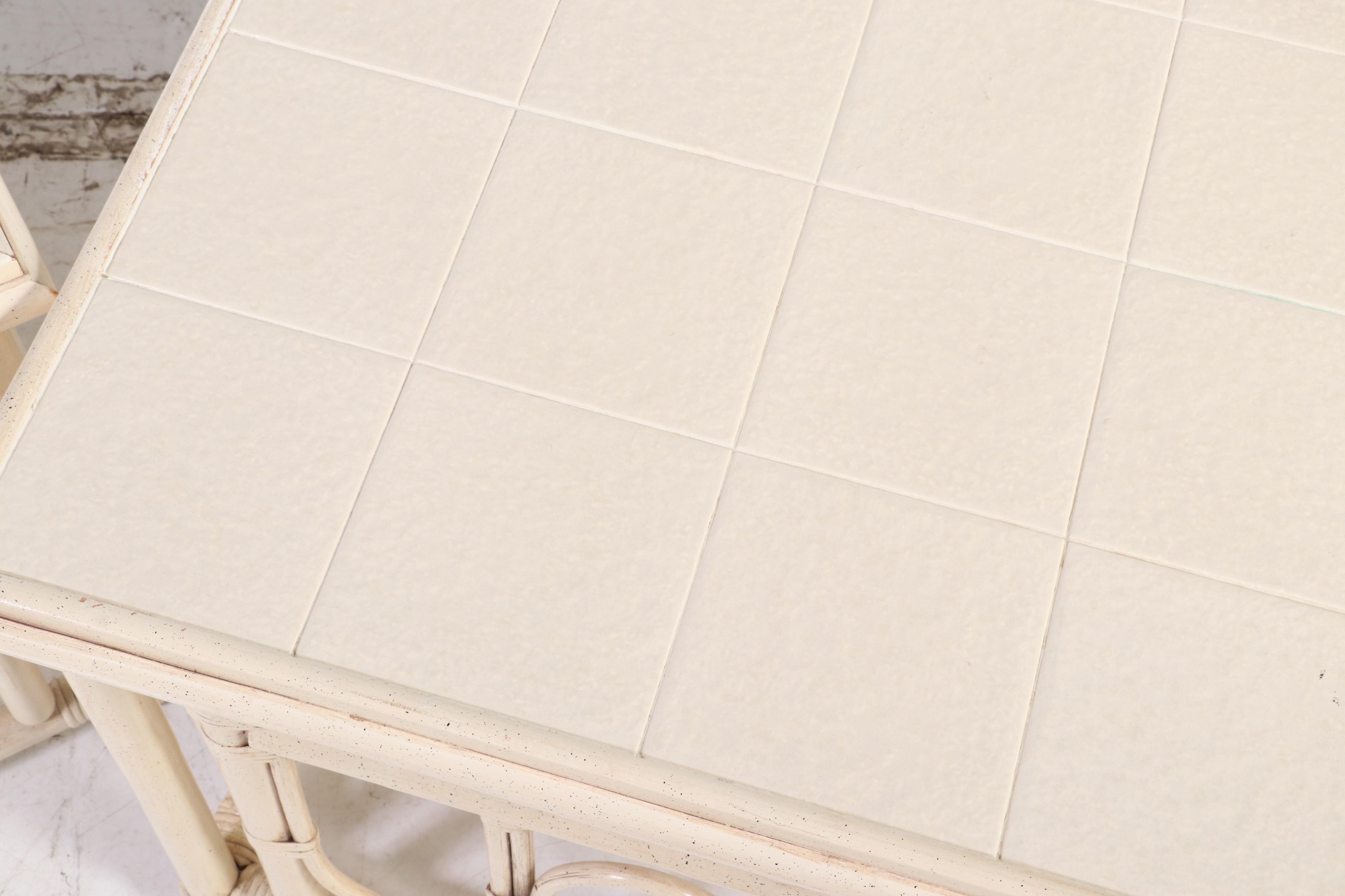 Ficks Reed Rattan Painted Faux Bamboo Patio Chair with Tile Top Tables