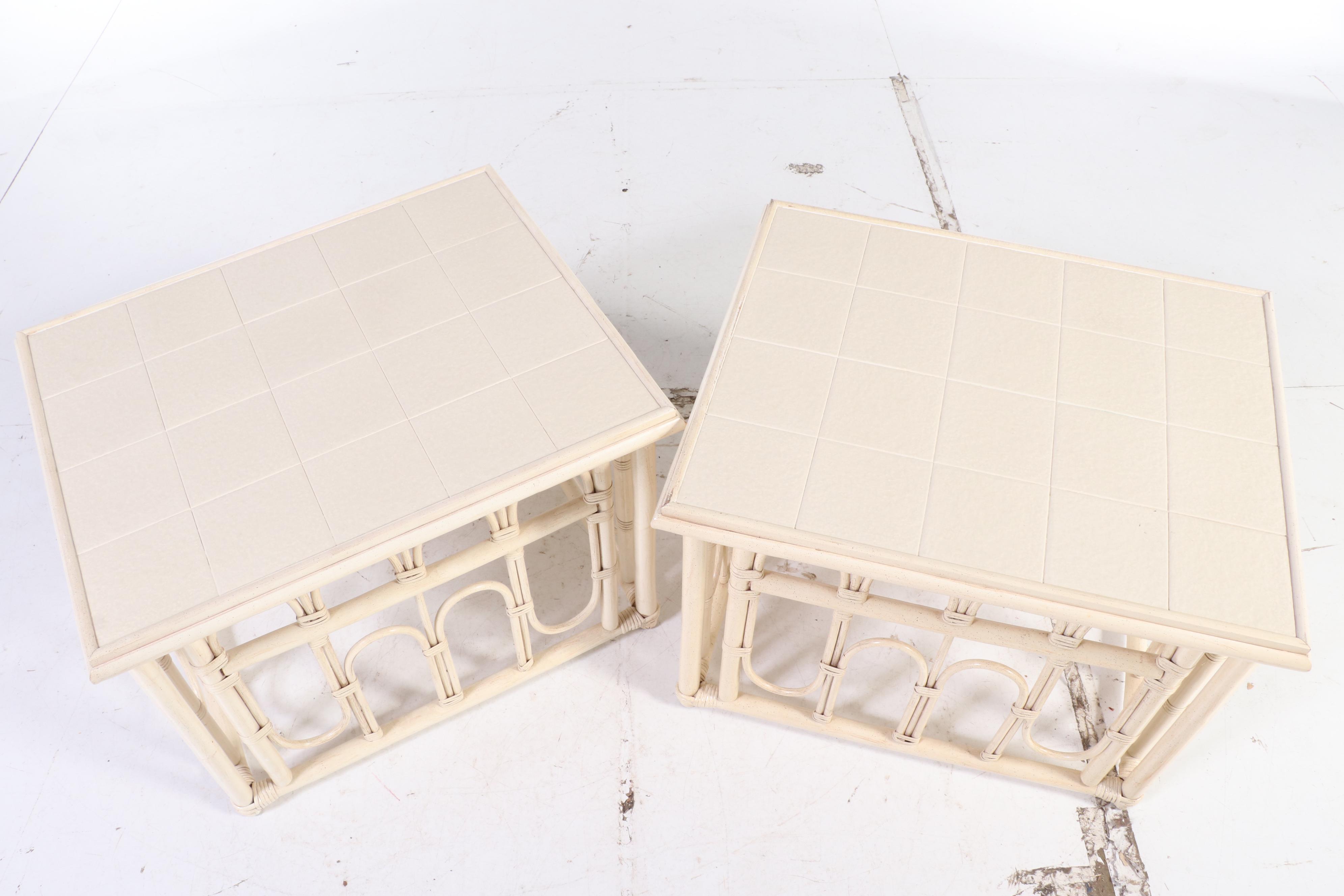 Ficks Reed Rattan Painted Faux Bamboo Patio Chair with Tile Top Tables