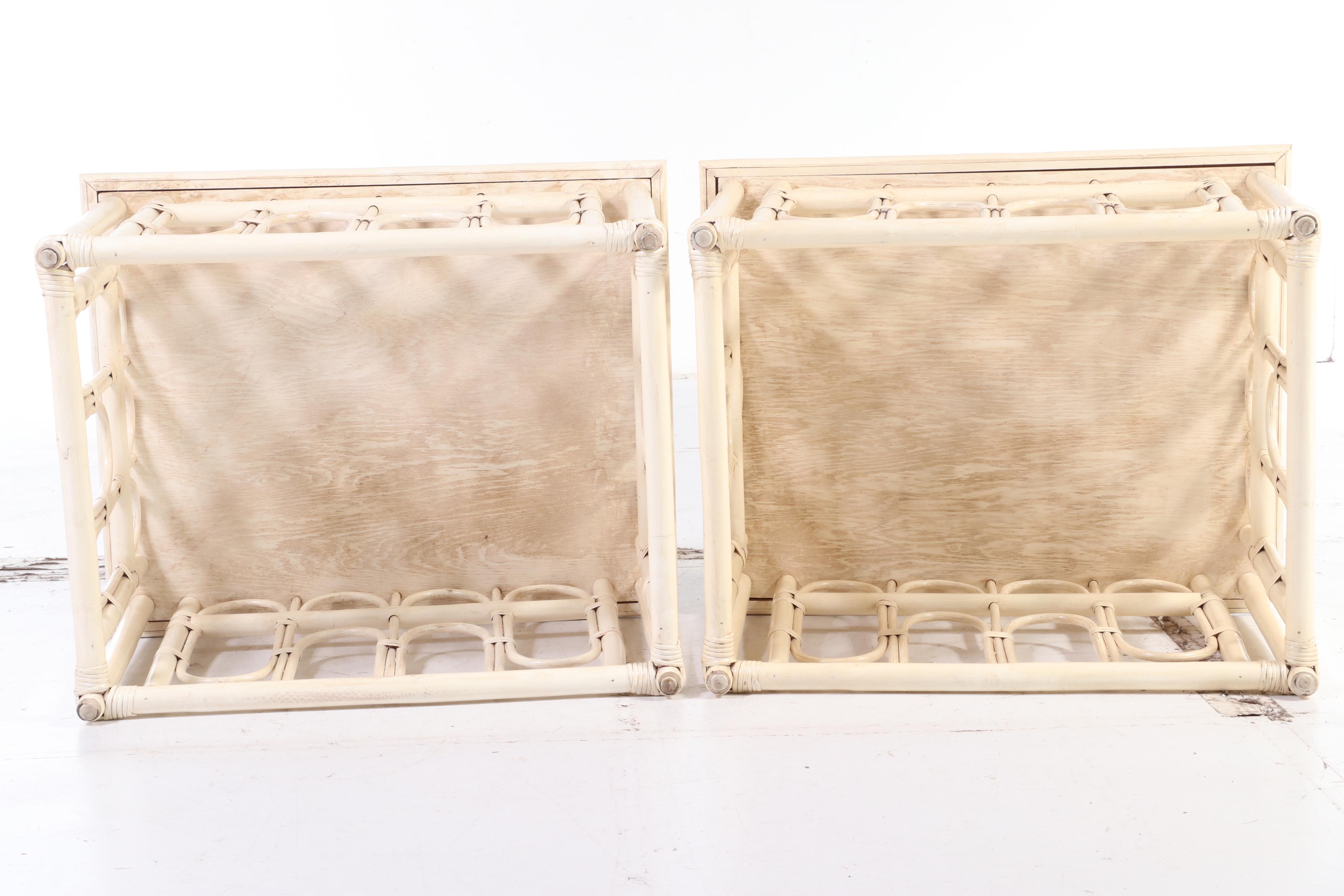 Ficks Reed Rattan Painted Faux Bamboo Patio Chair with Tile Top Tables