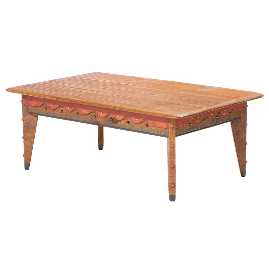 David Marsh Painted, Tacked, and Marble-Decorated Pine Coffee Table, dated 1995