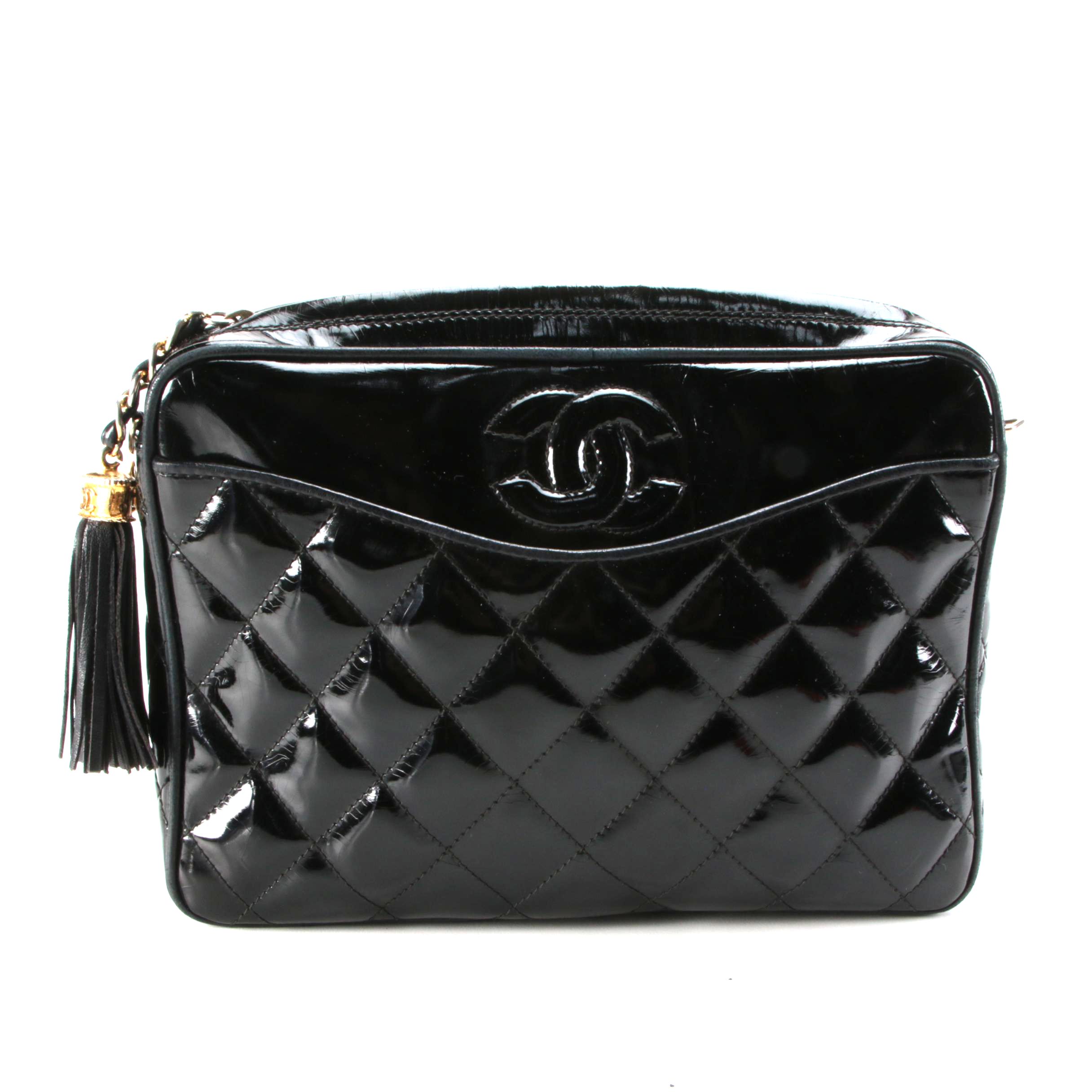 Chanel CC Quilted Tassel Camera Bag in Black Patent Leather