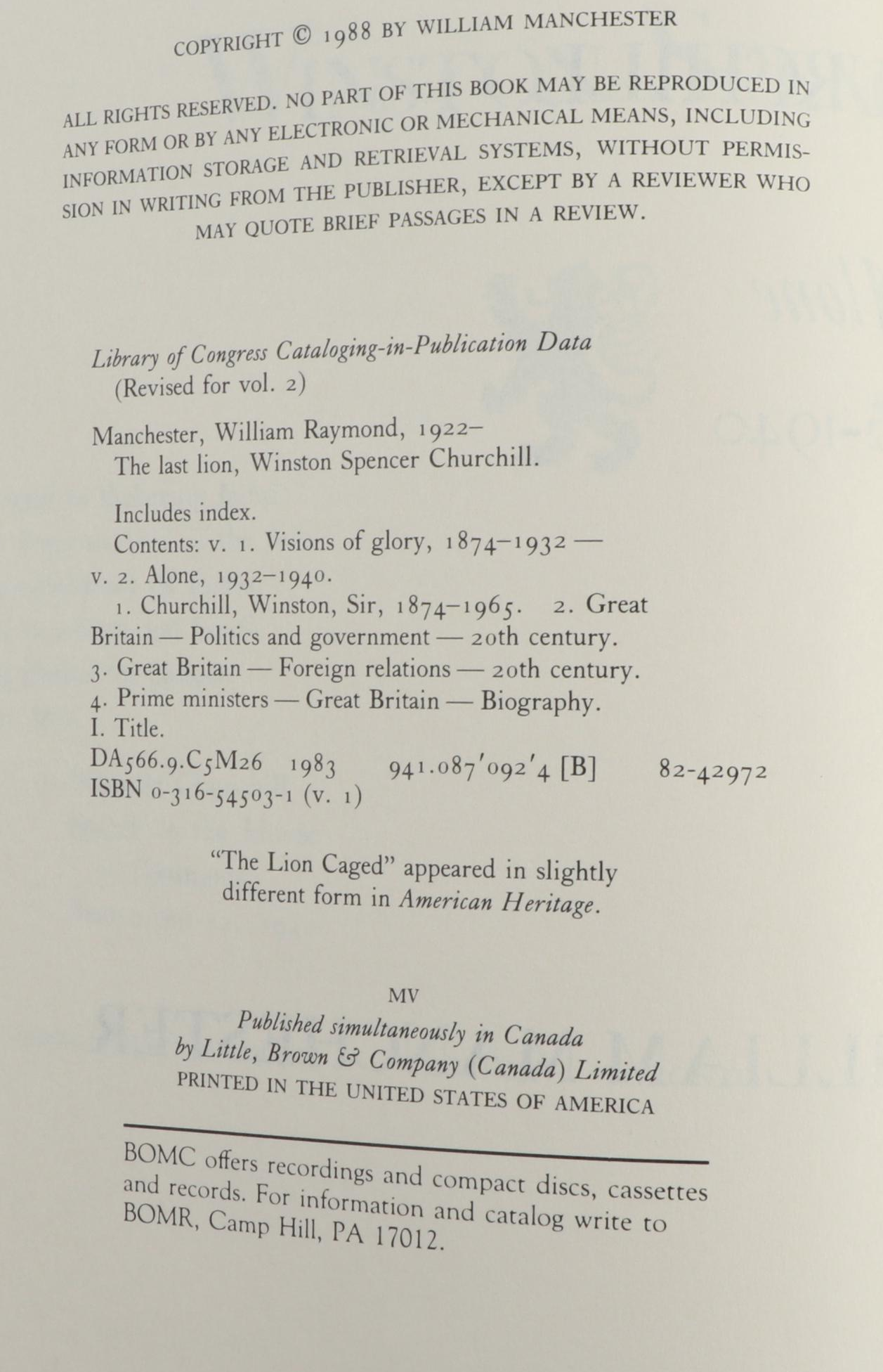 First Edition "Visions of Glory" and More "The Last Lion" Churchill Biographies
