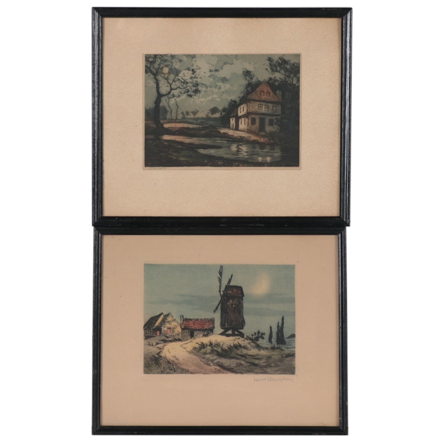 Etchings with Aquatint of Farmhouses, Early 20th Century