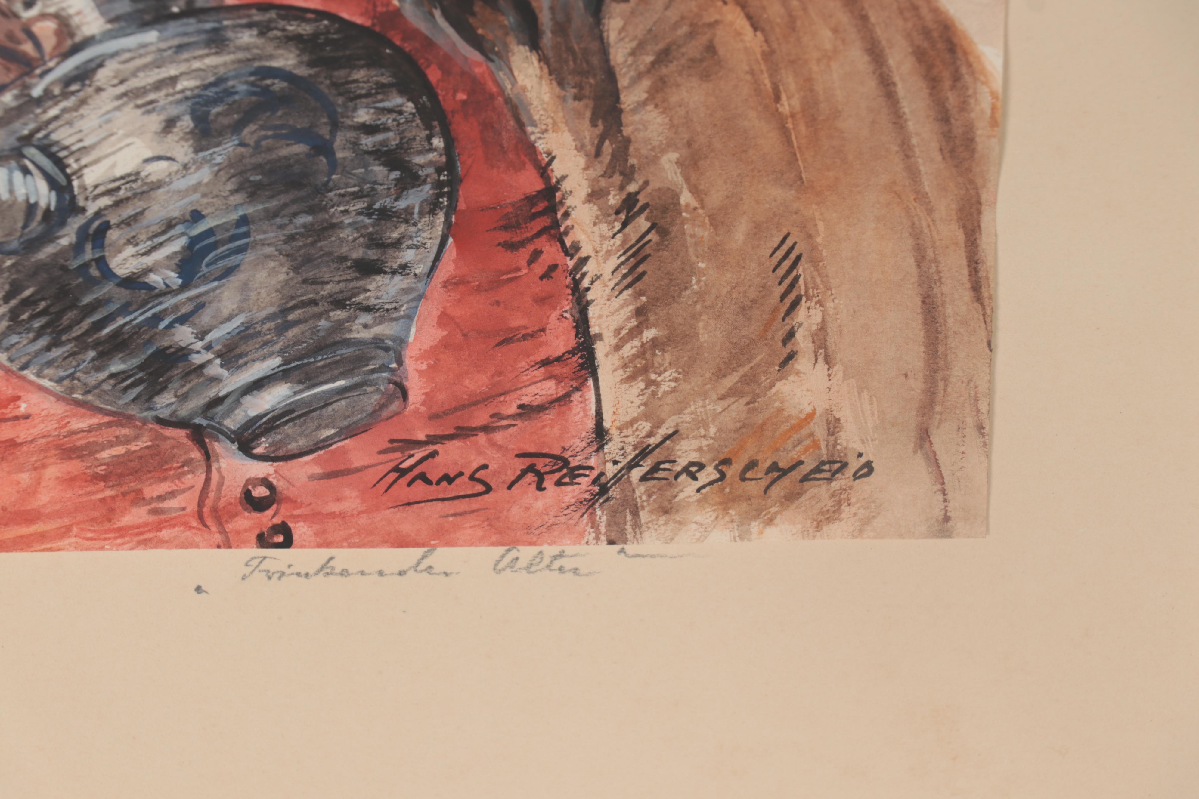 Hans Reifferscheid Watercolor Painting "Trinkender Alter," Mid-20th Century