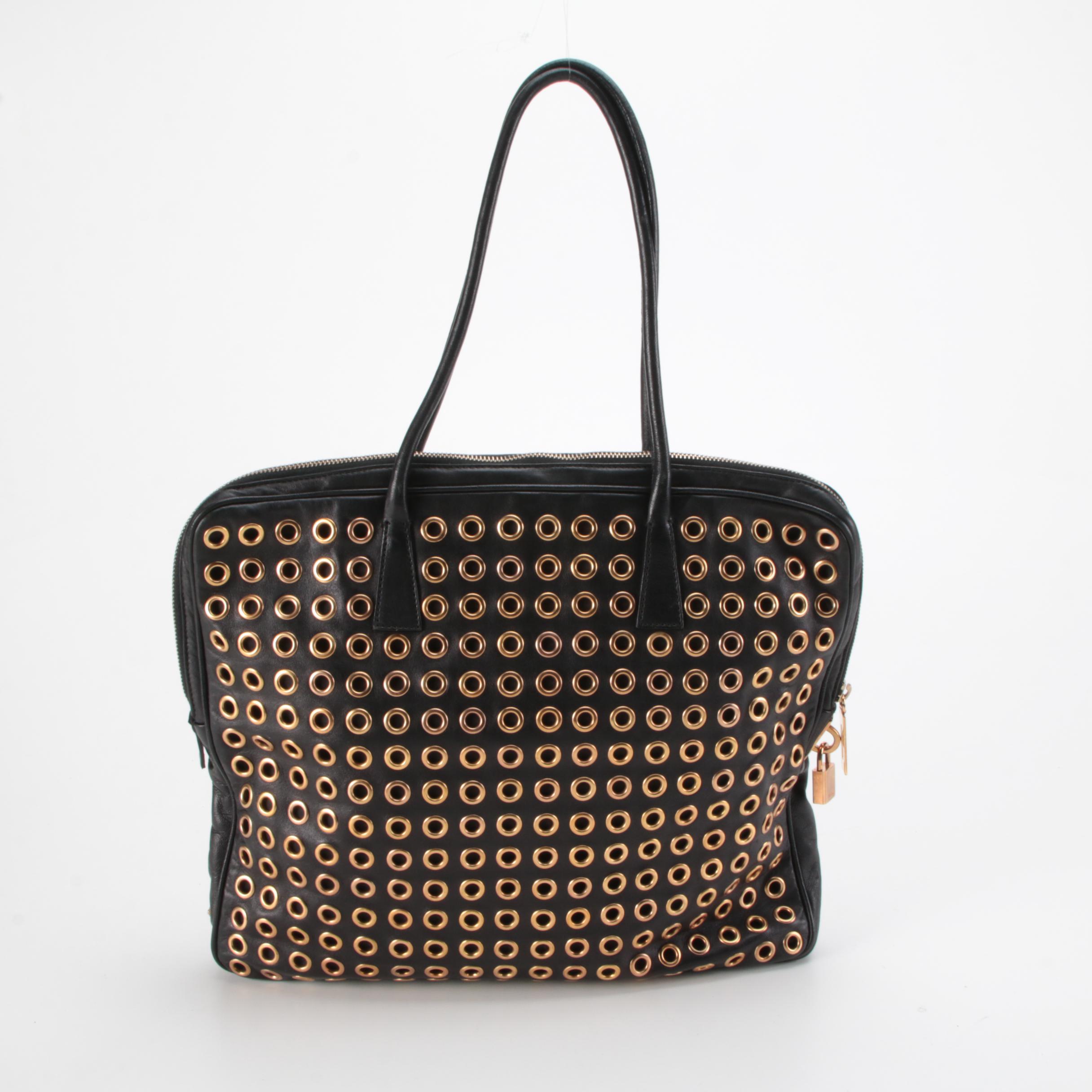 Prada Grommet Lock Shoulder Bag in Black Nappa Leather