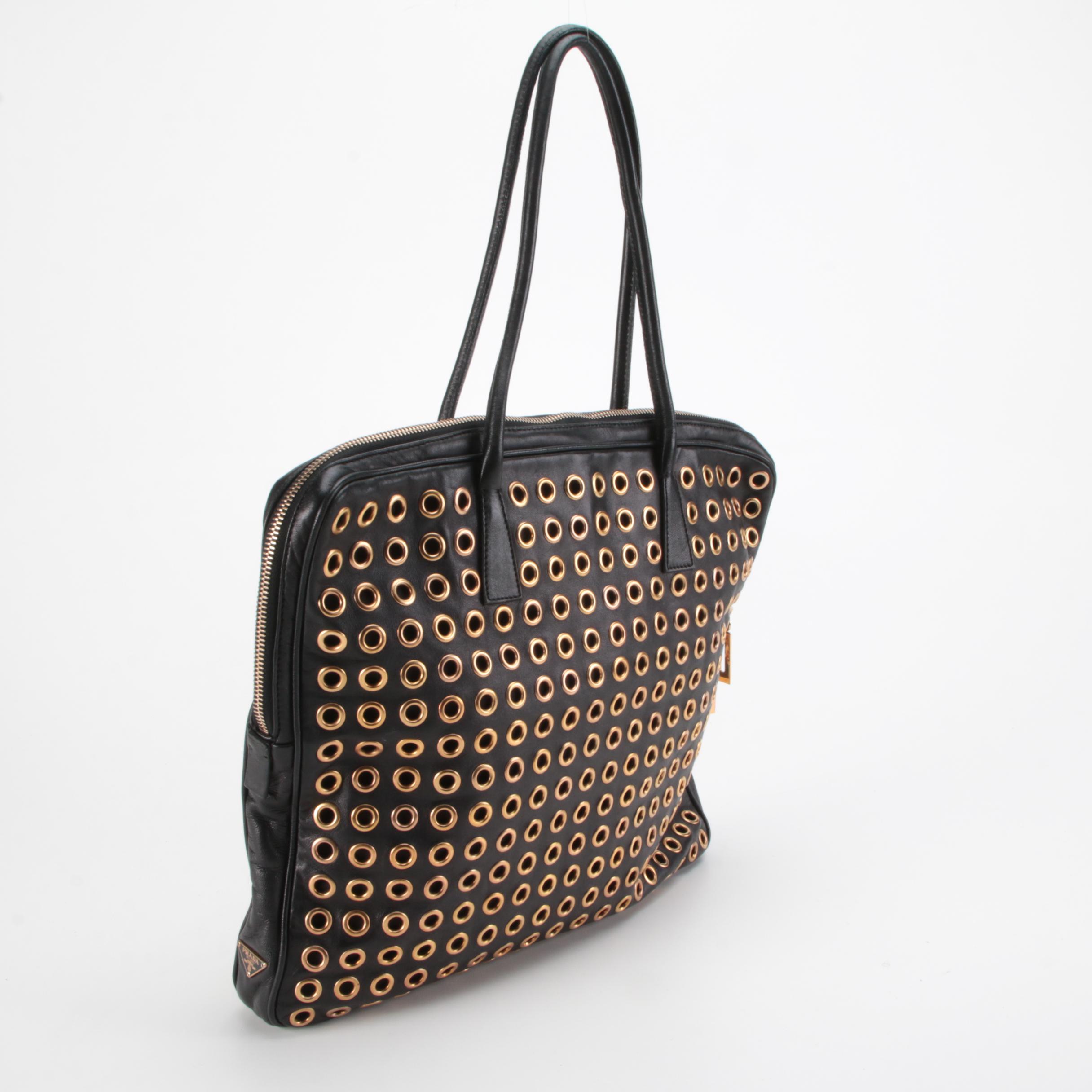 Prada Grommet Lock Shoulder Bag in Black Nappa Leather