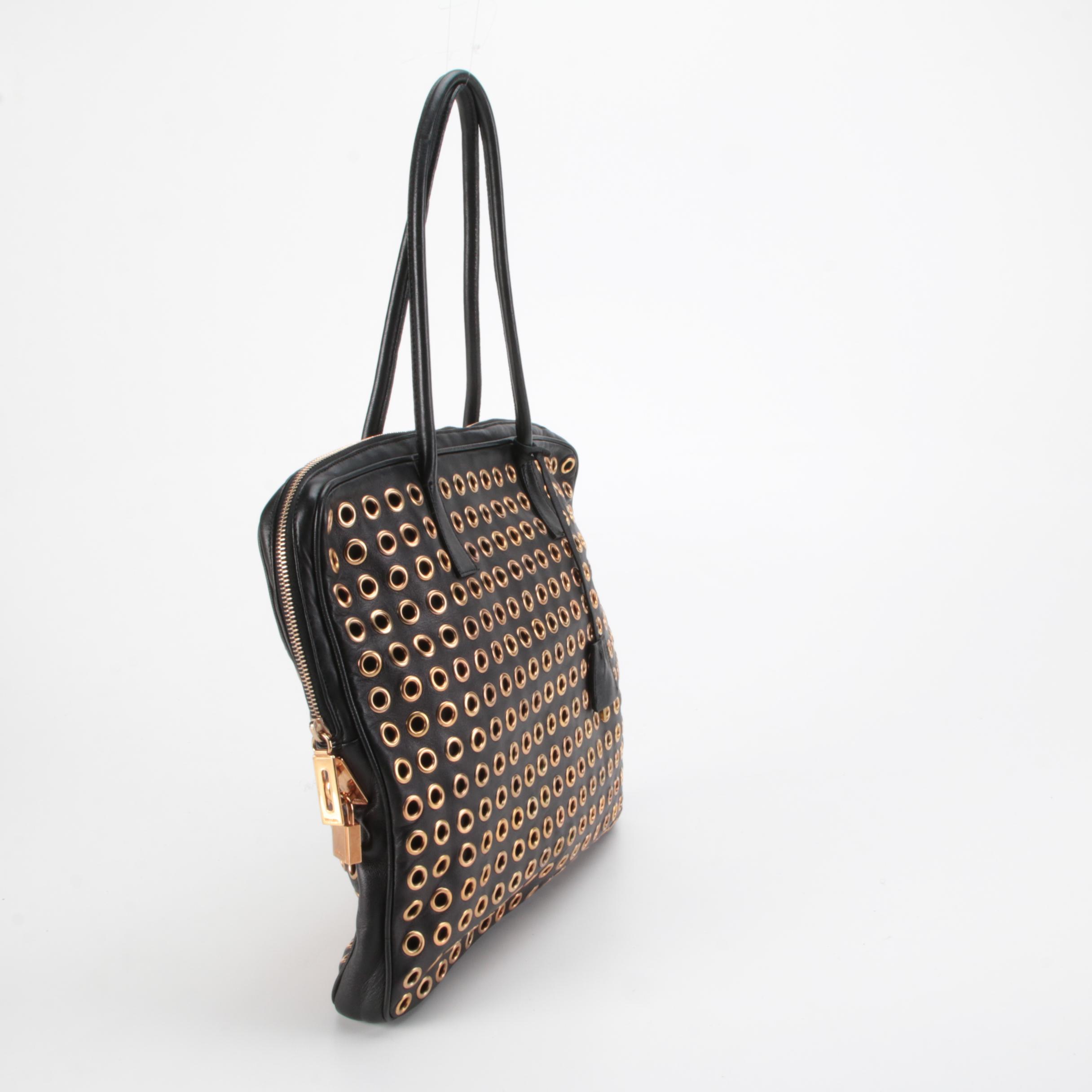 Prada Grommet Lock Shoulder Bag in Black Nappa Leather