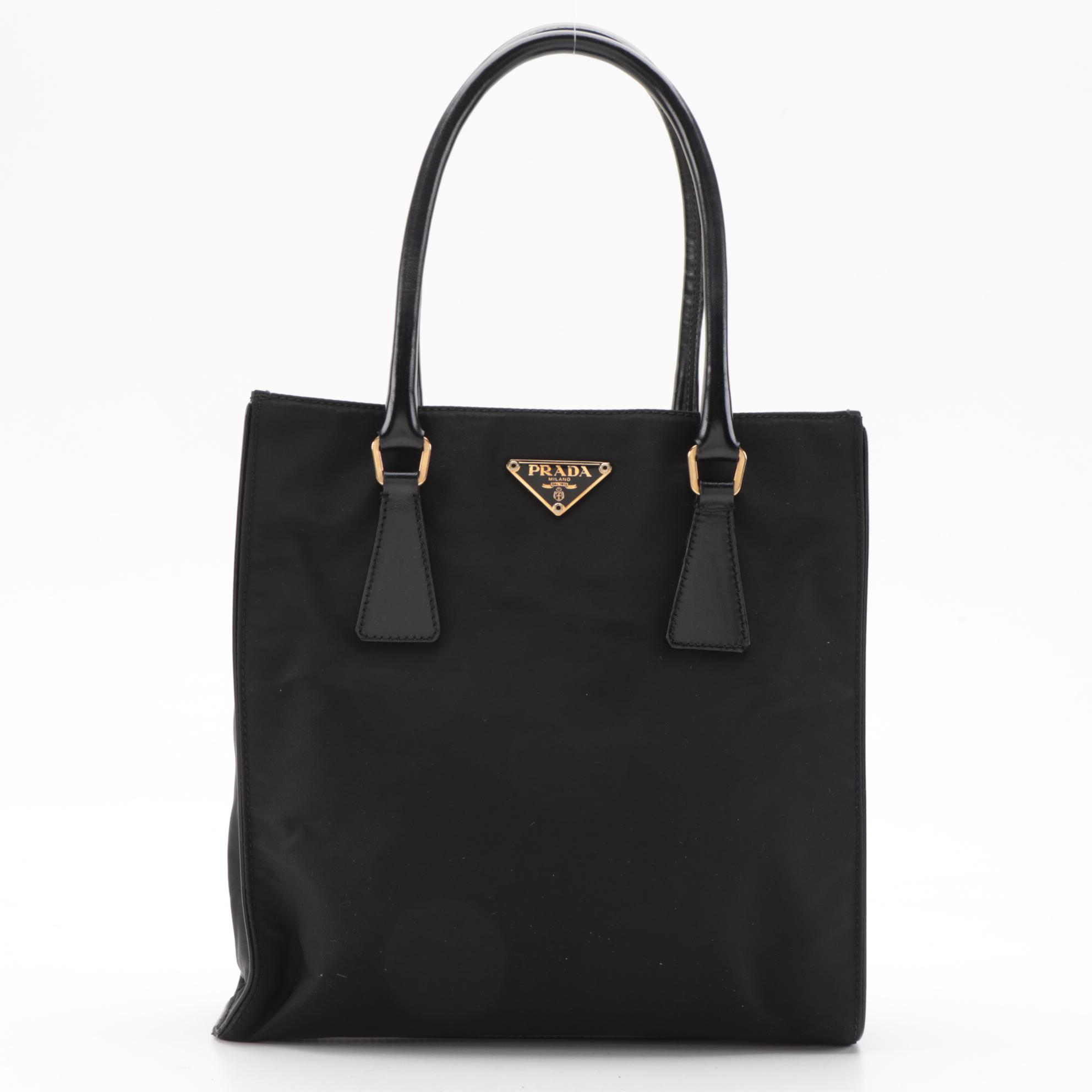 Prada Small Shoulder Tote in Black Tessuto Nylon with Leather Trim